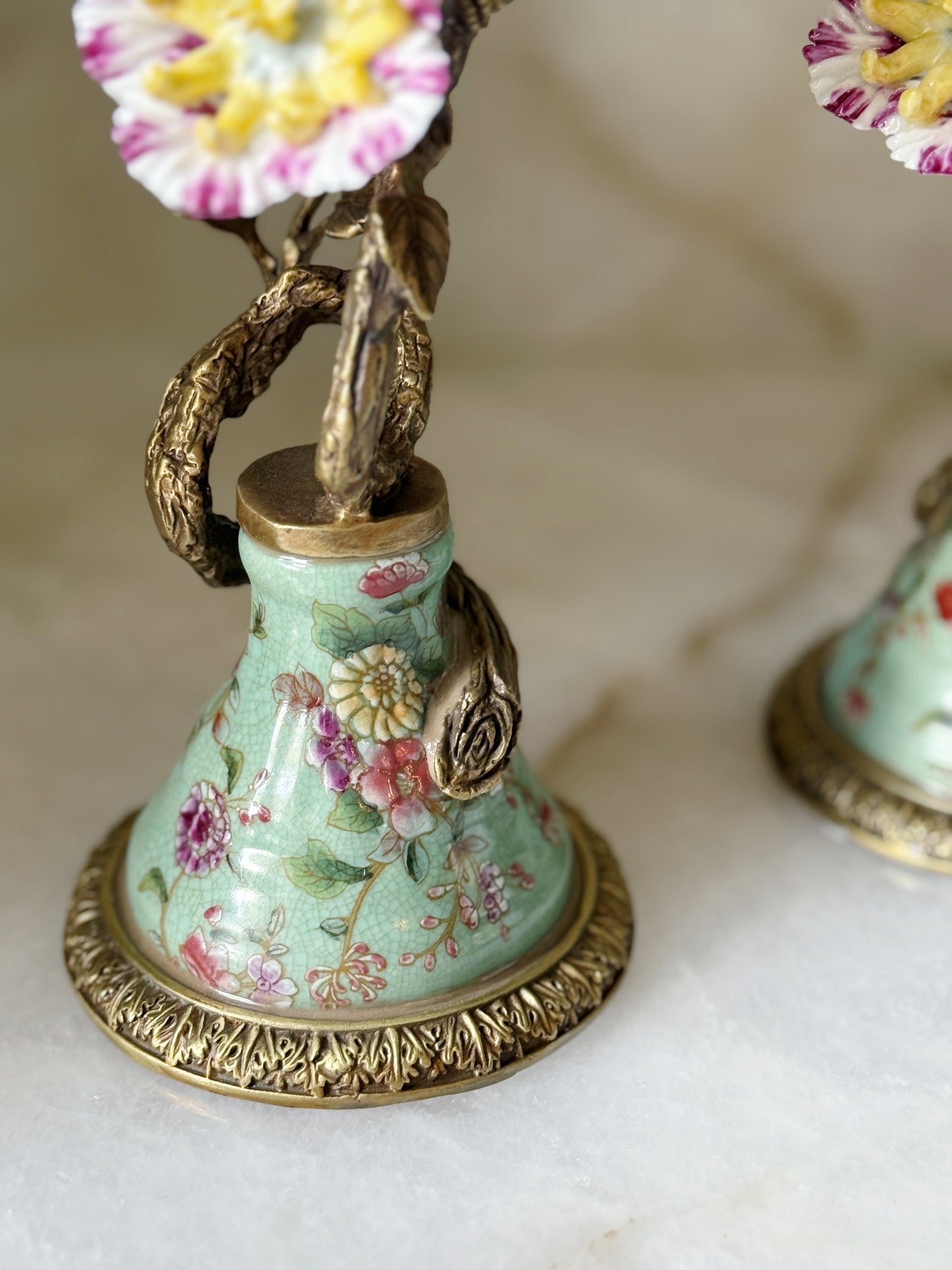 Set of Hand Painted Bird Candelabra with Bronze Ormolu