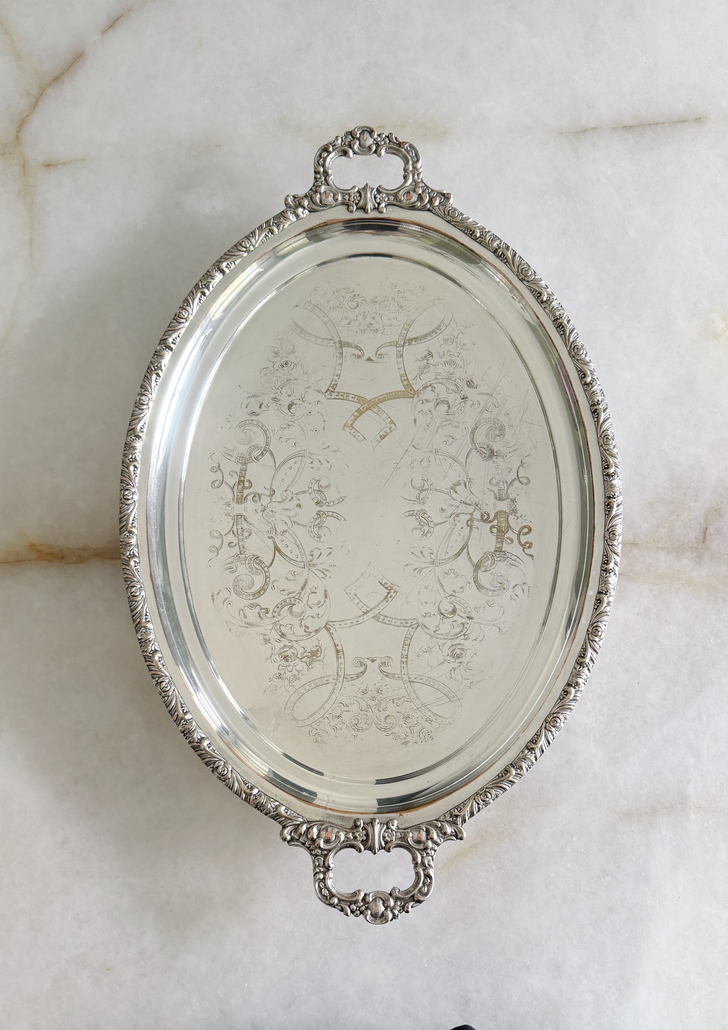 Vintage Silver-Plated Serving Tray with Ornate Handles