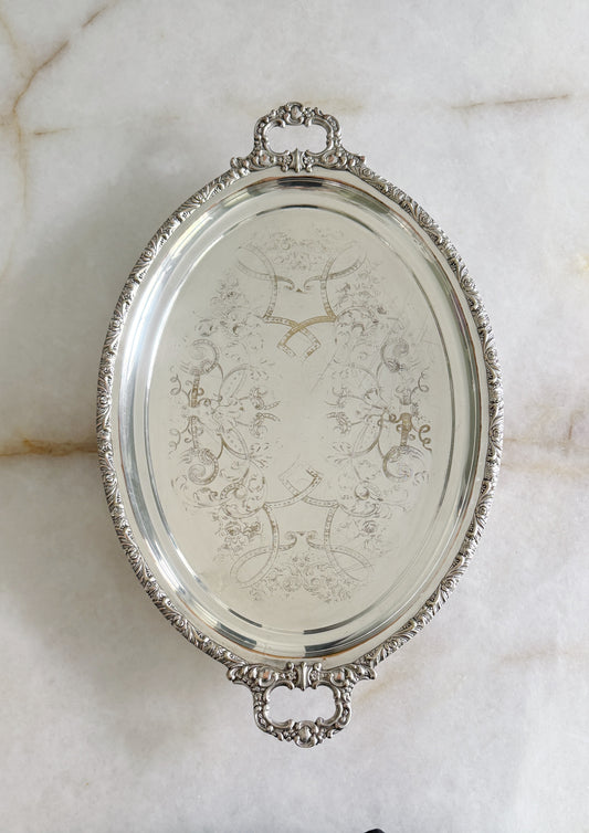 Vintage Silver-Plated Serving Tray with Ornate Handles
