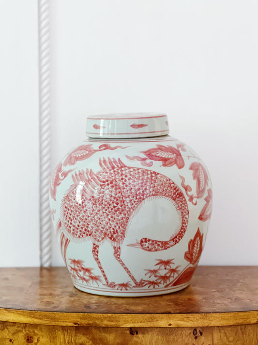 Red and white ginger jar with peacock detail