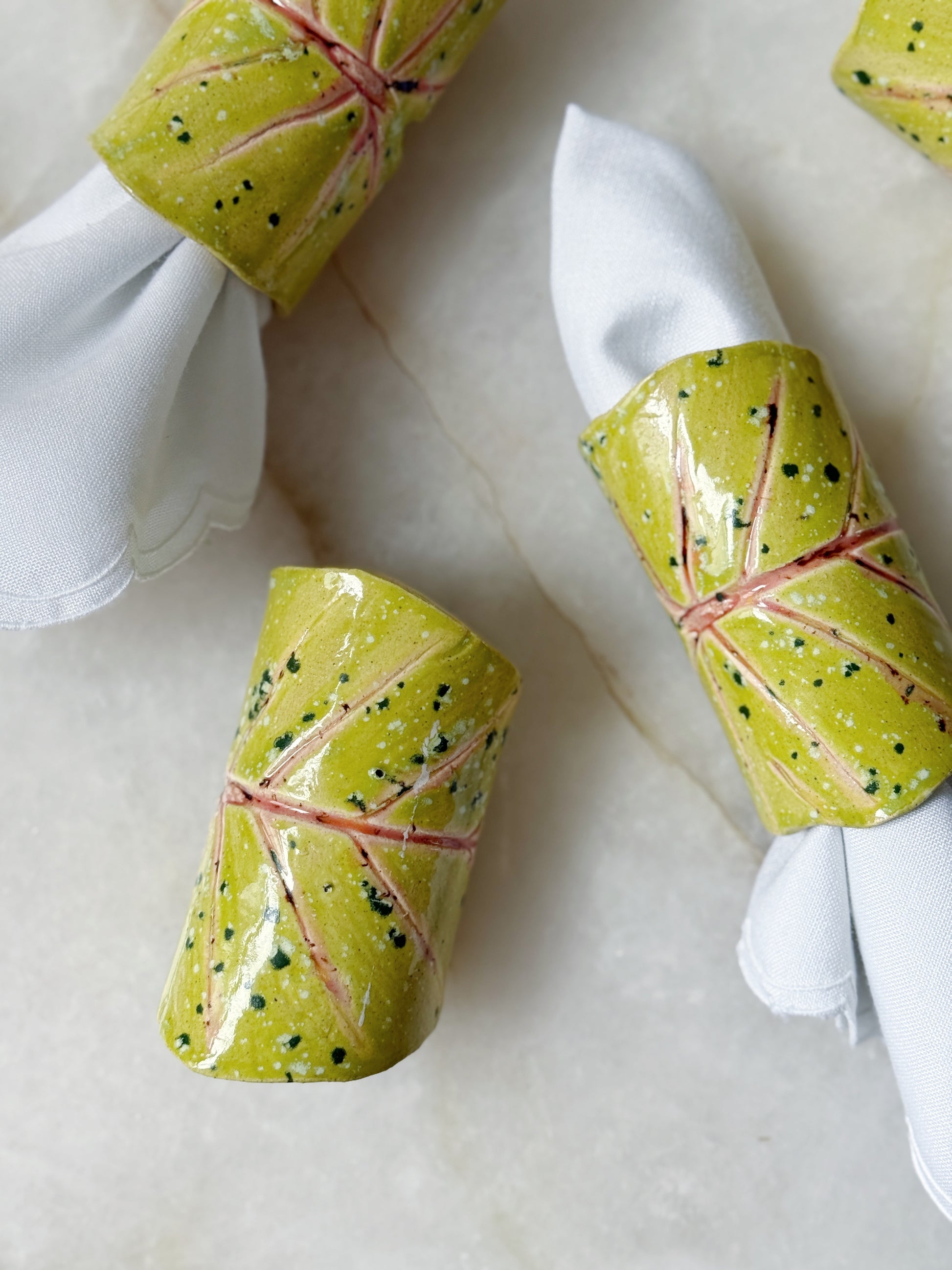 Caladium leaf ceramic napkin rings hand painted 