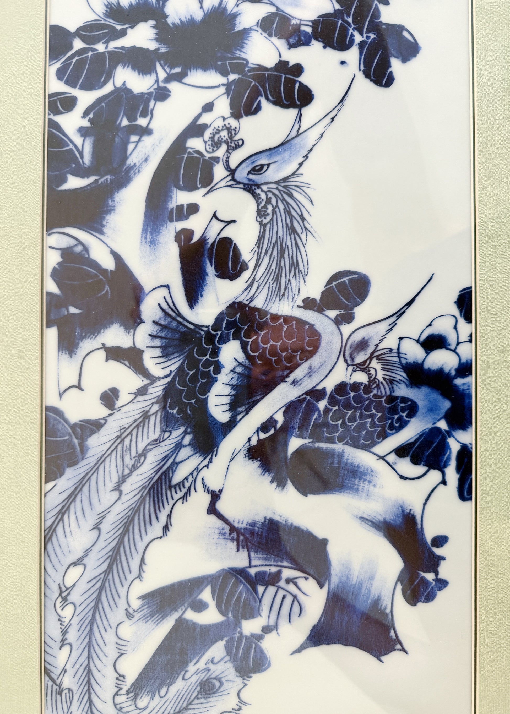 Vintage Framed Blue & White Porcelain Plaques – Pair