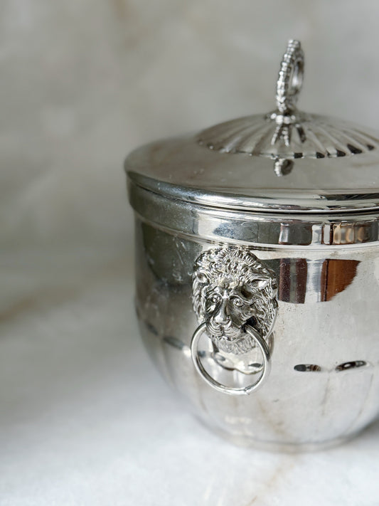 Vintage silver ice bucket with insert and lions head handles 