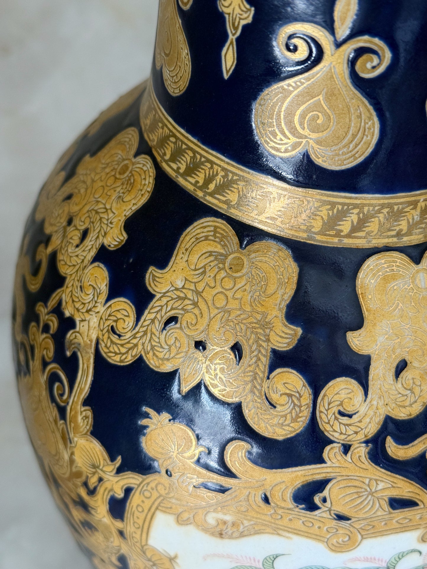 Pair of Vintage Cobalt Blue & Gold Porcelain Vase with Birds & Floral Panels