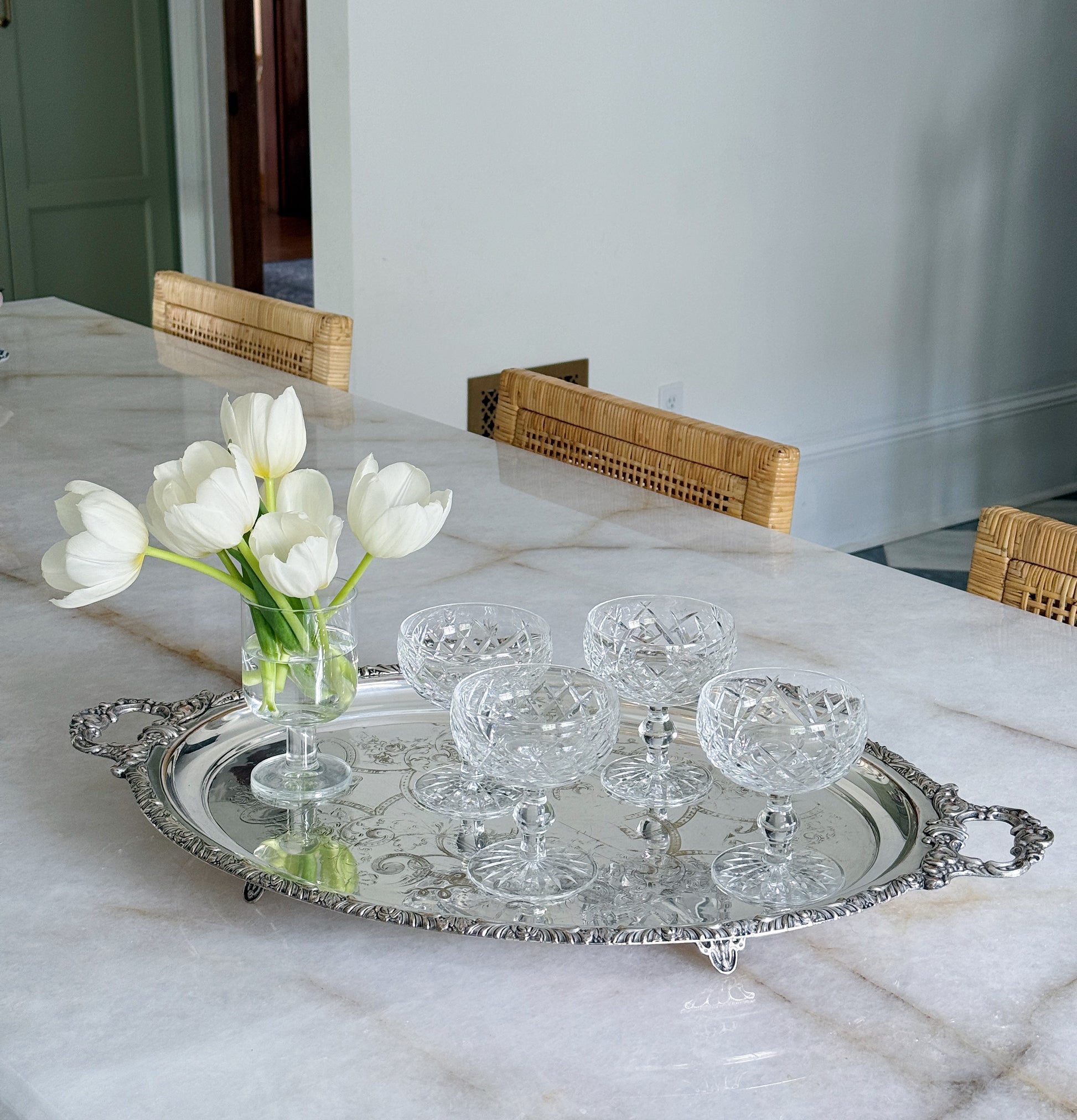Vintage Silver-Plated Serving Tray with Ornate Handles With vintage Waterford champagne coupes and white tulips