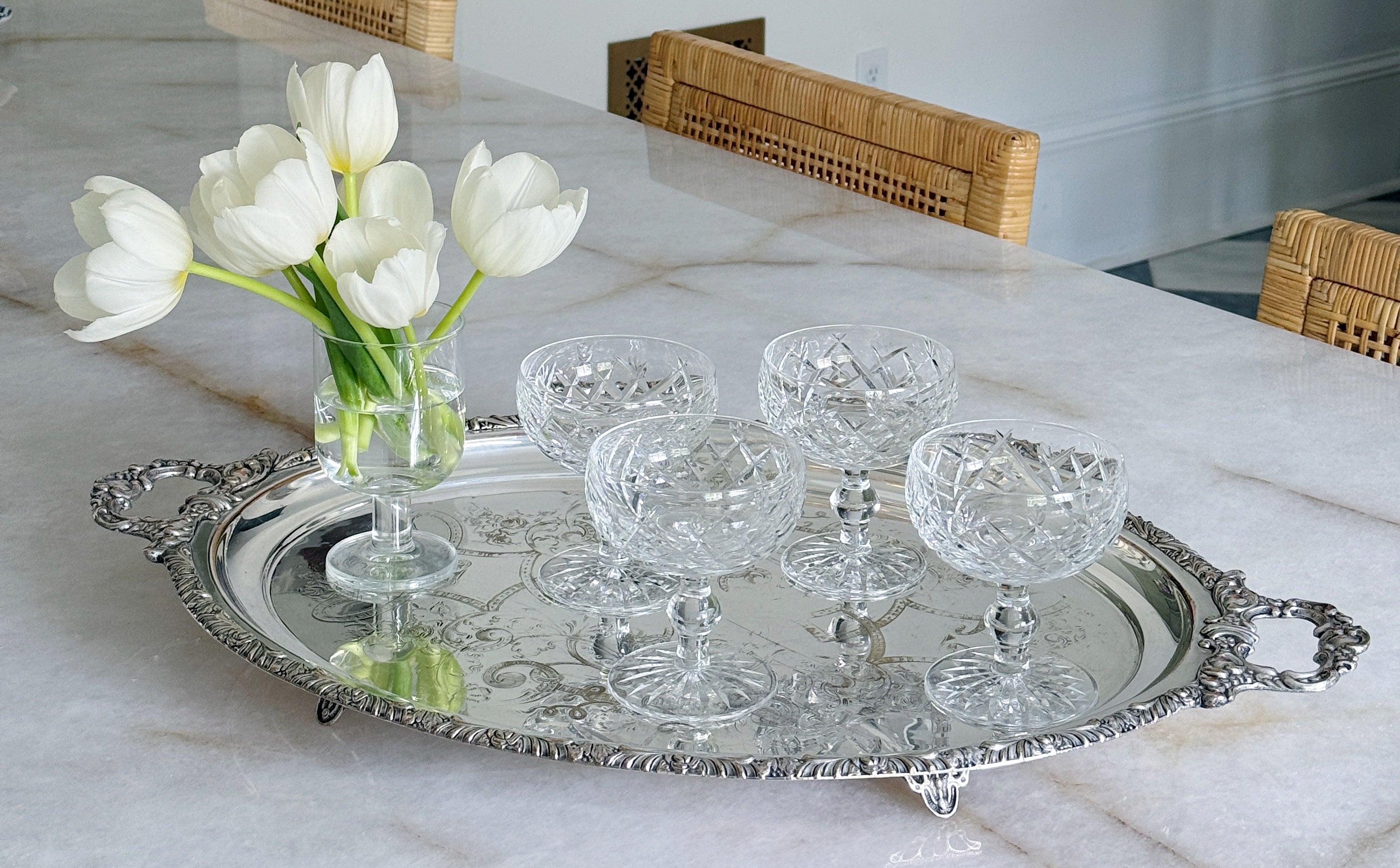 Vintage Silver-Plated Serving Tray with Ornate Handles With vintage Waterford champagne coupes and white tulips