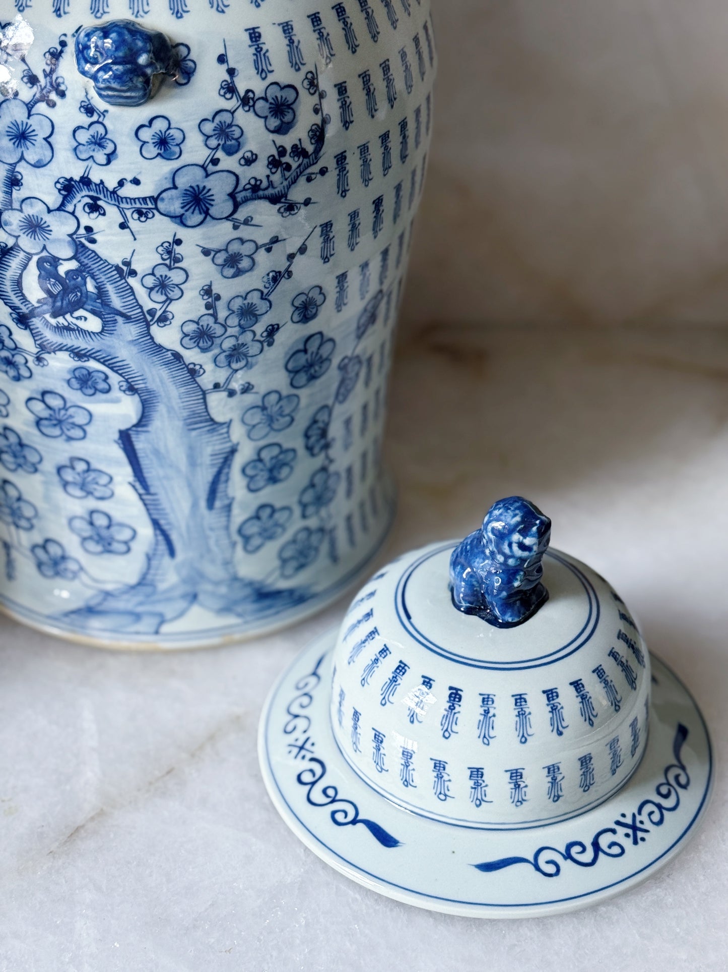 Large Blue & White Plum Blossom Floral Temple Jar