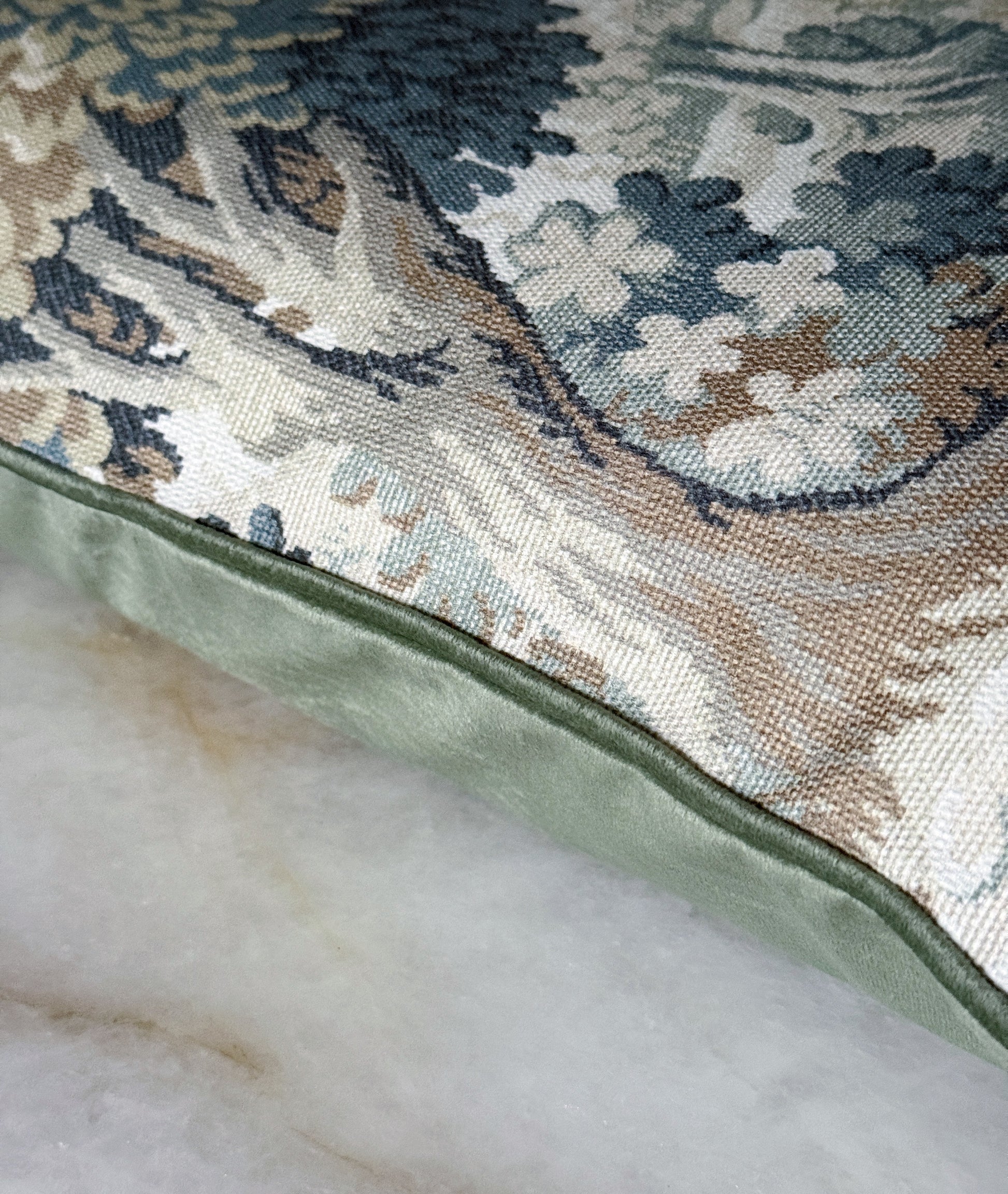 Sage Green Tapestry Pillow with Velvet Backing & Down Insert | 20x20 Accent Pillow