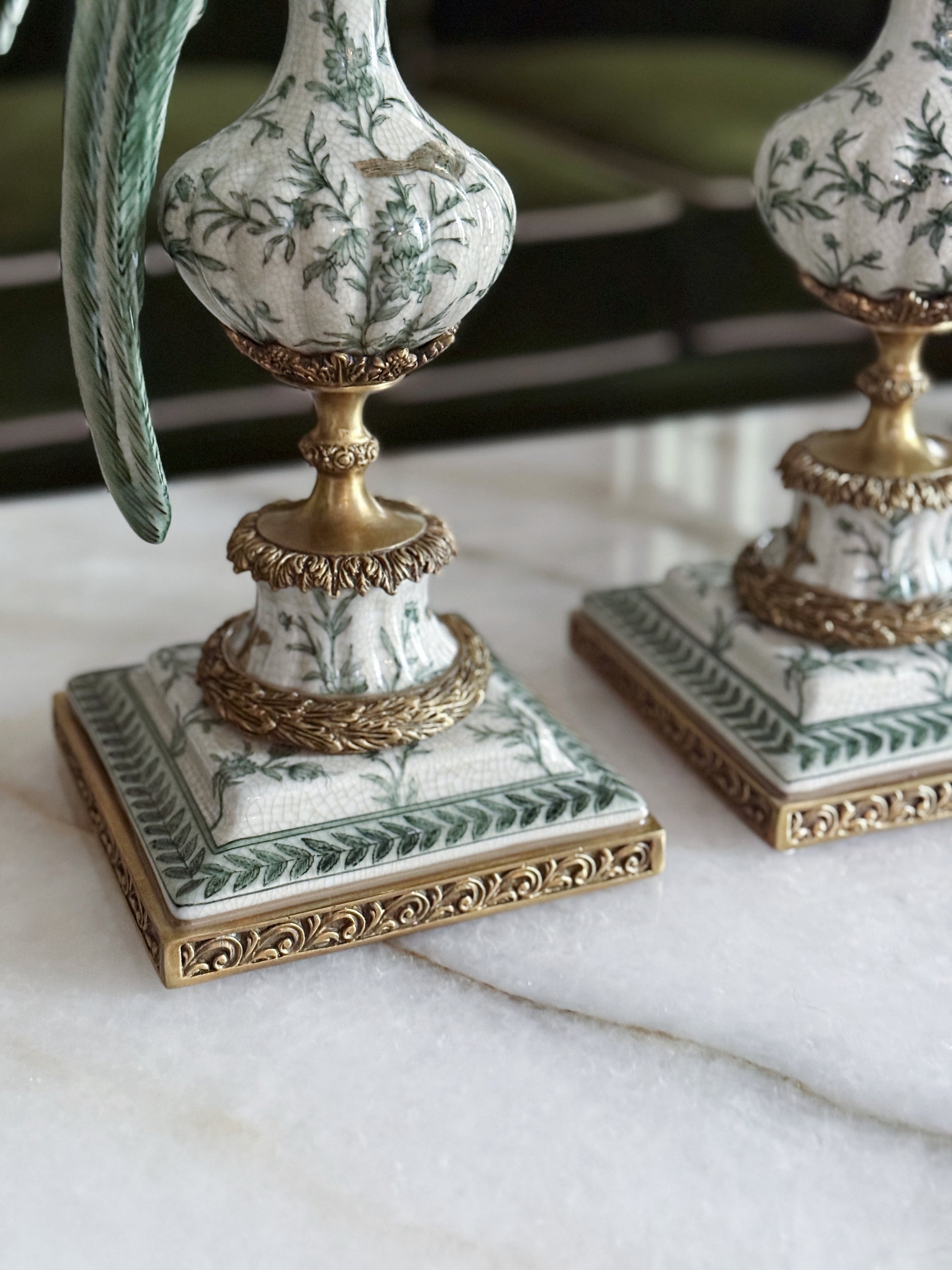 Hand-Painted Verdant Porcelain Parrot Candlesticks with Bronze Ormolu – Pair
