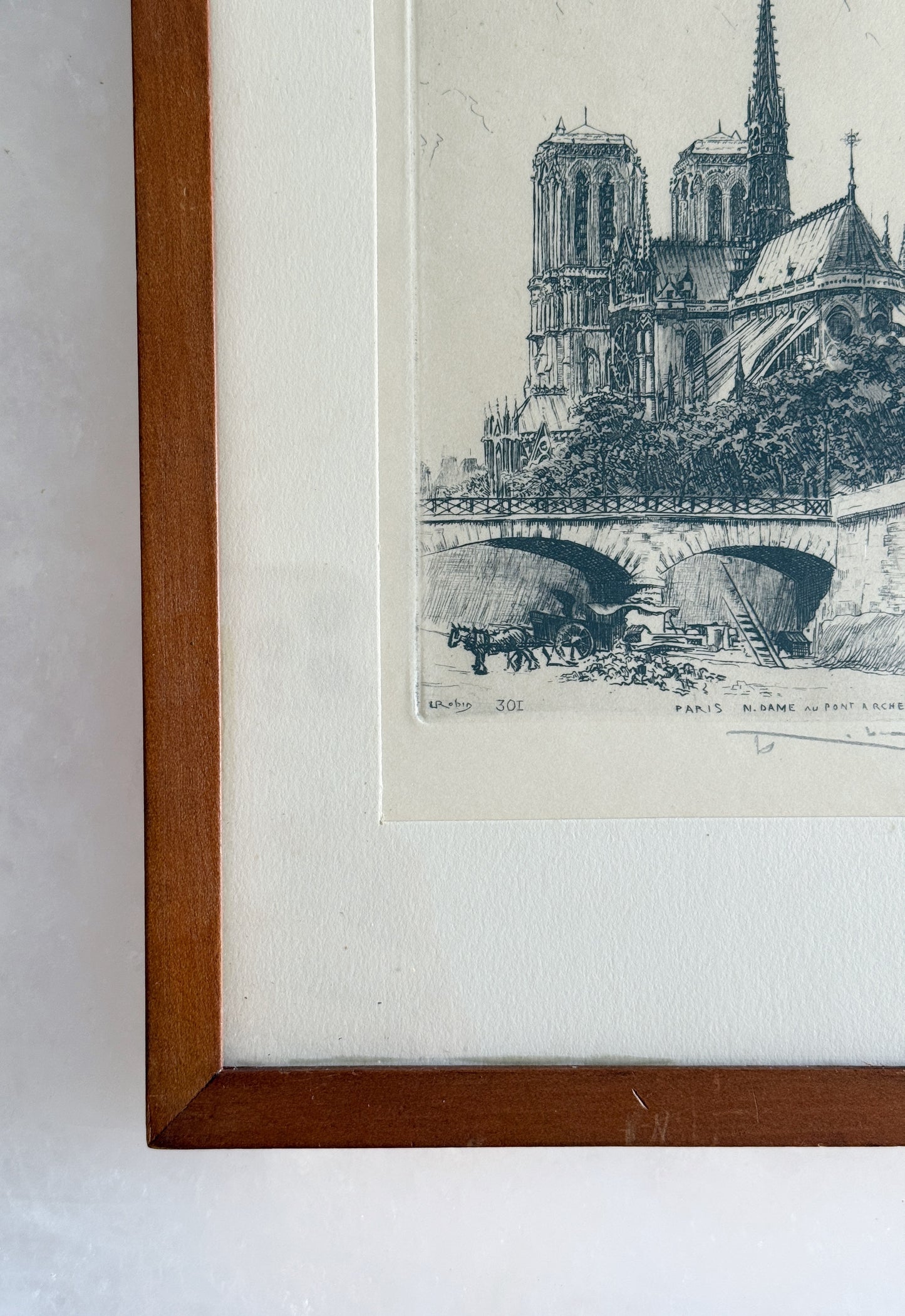 Pair of Vintage Paris Architectural Etchings in Wood Frames
