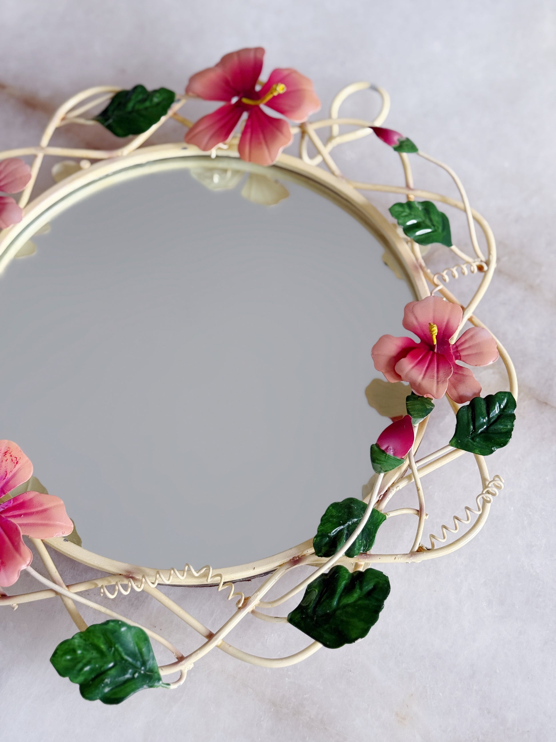 Vintage pink and green floral tole mirror