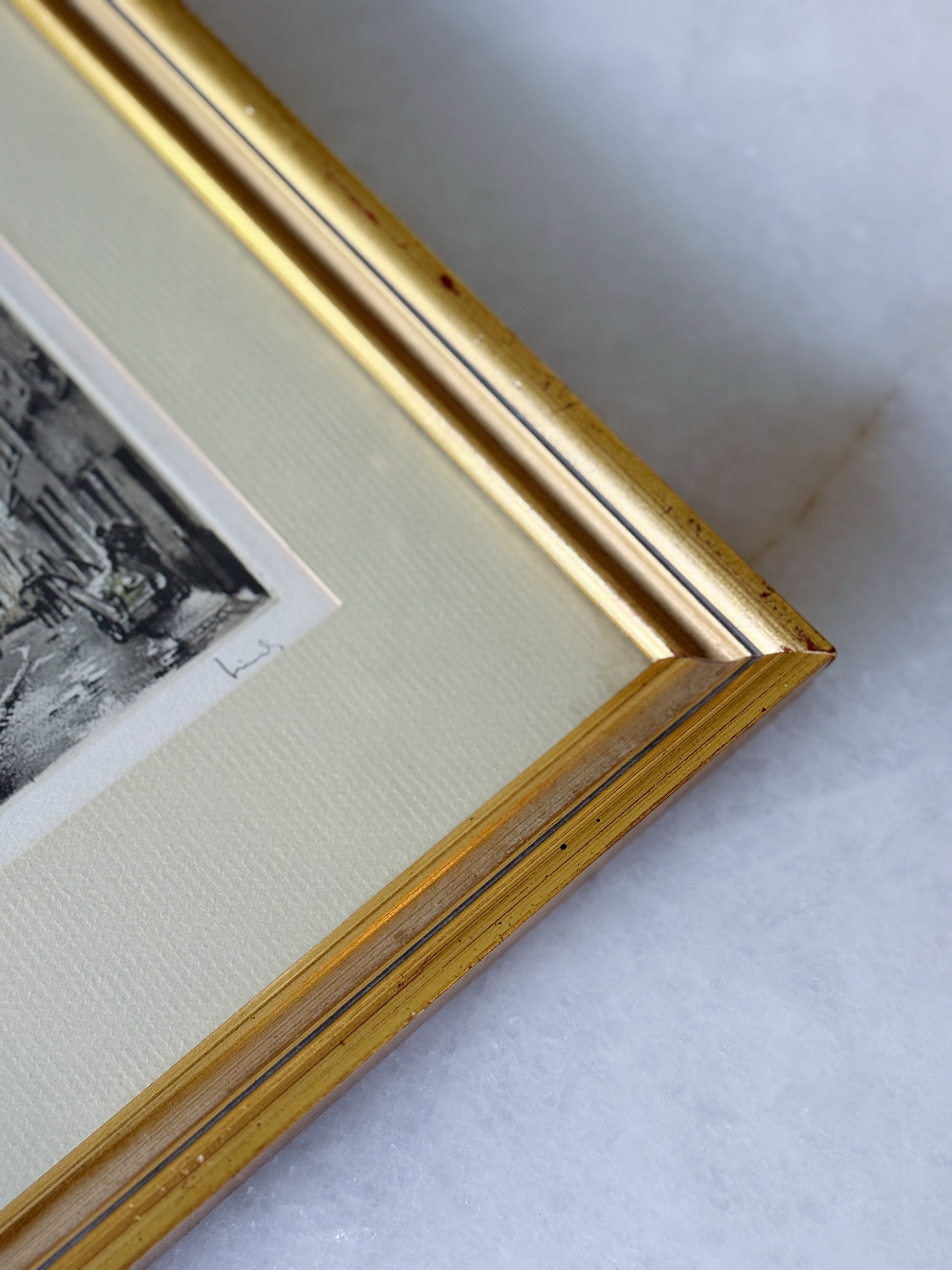 Vintage Framed European Street Scene Etching | Gilt Wood Wall Art