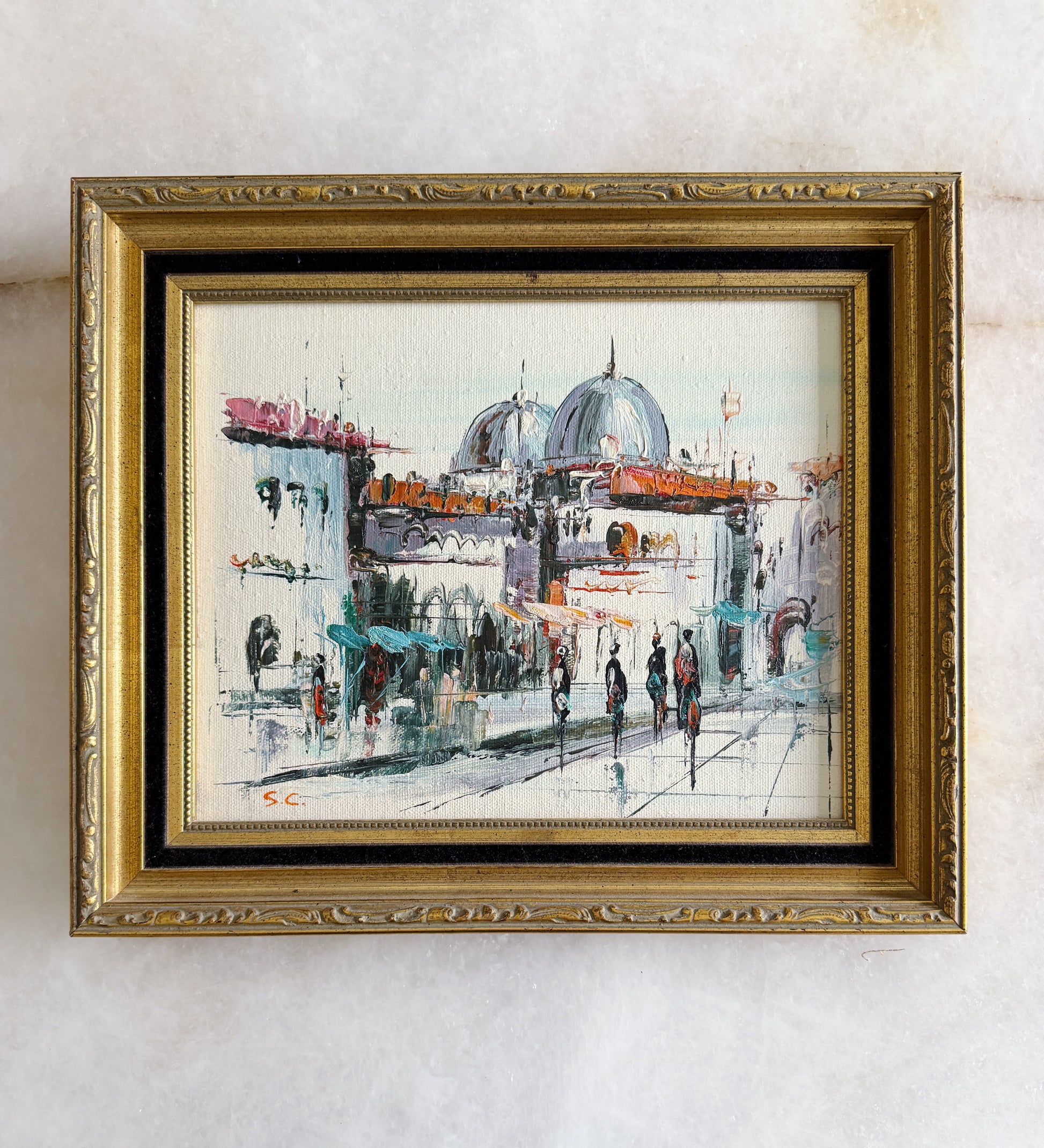 Vintage Framed European Street Scene Oil Painting 