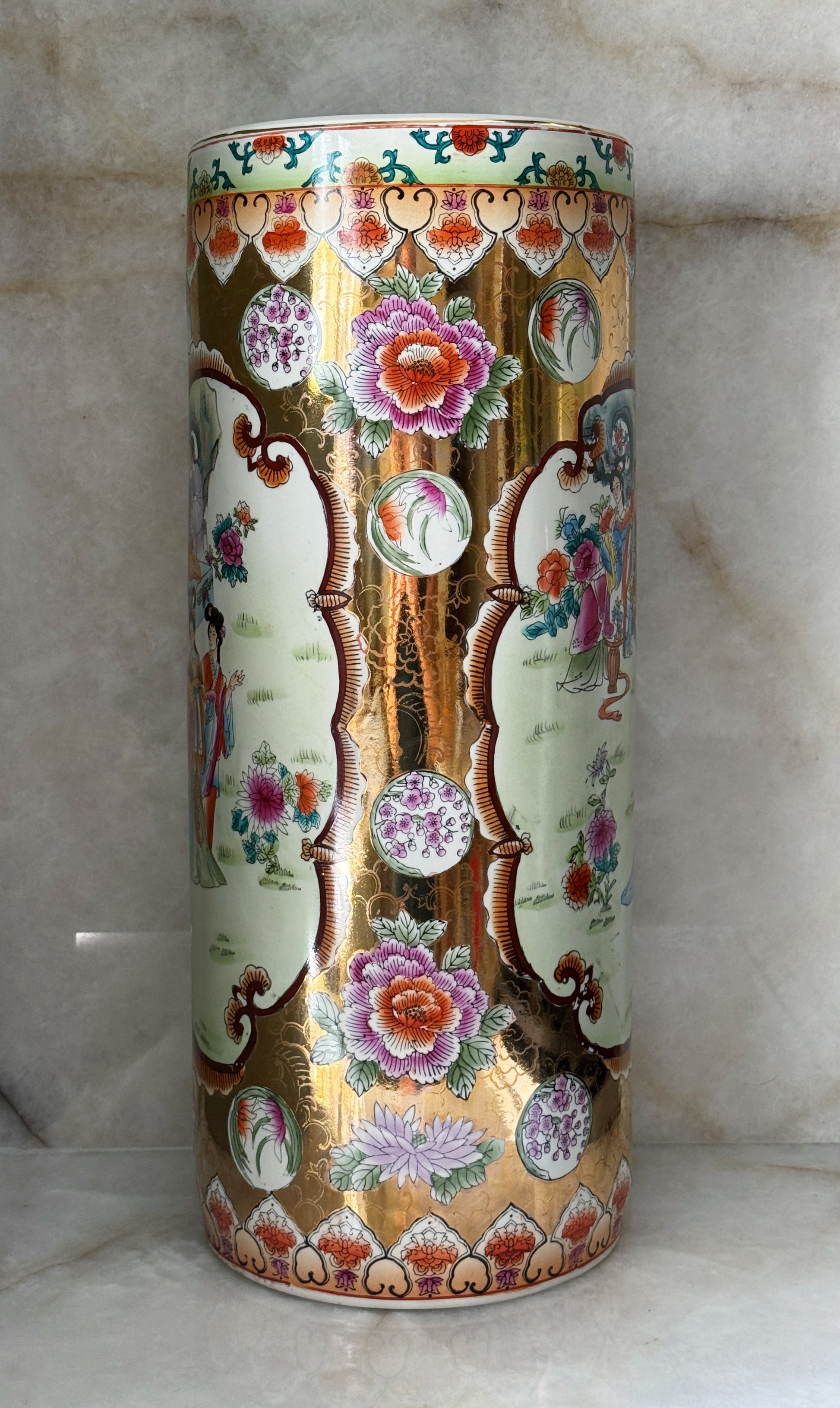 Vintage Hand-Painted Chinoiserie Porcelain Umbrella Stand