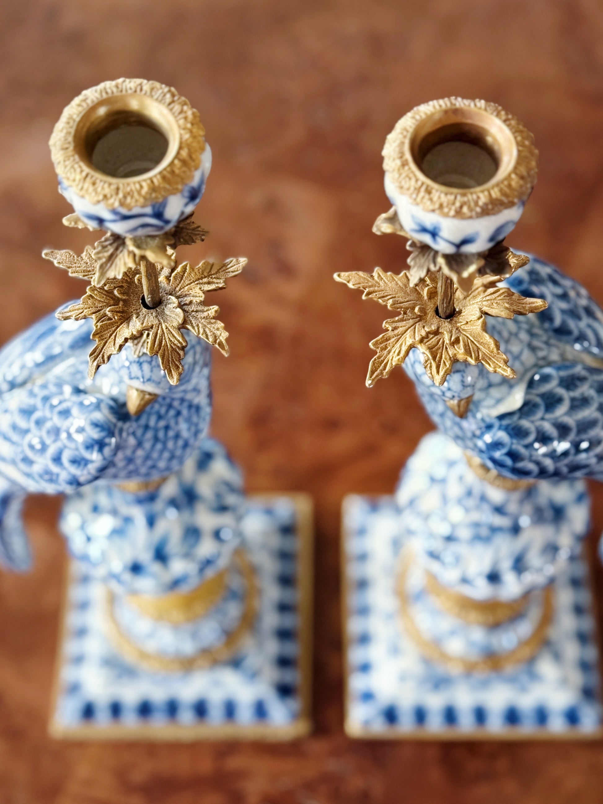 Blue & White Hand Painted Bronze Ormolu Parrot Candle Holders