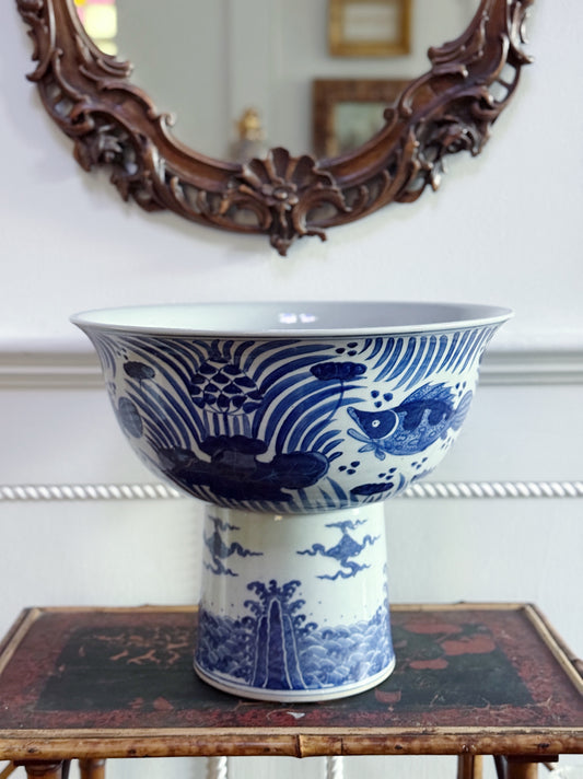 Blue & White Large Hand-Painted Lotus Pedestal Bowl 