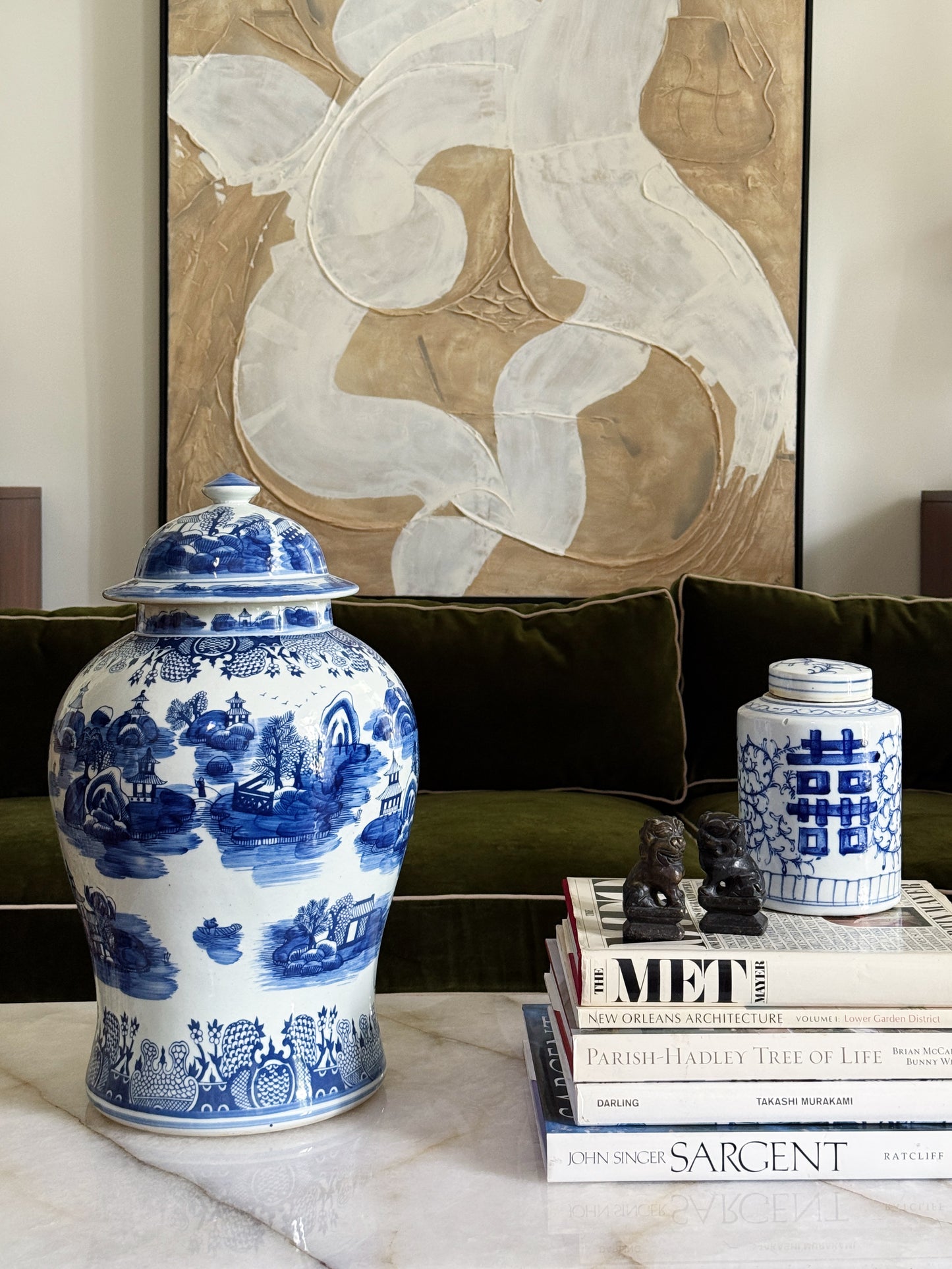 Blue & White Willow Ware Style Porcelain Temple Jar