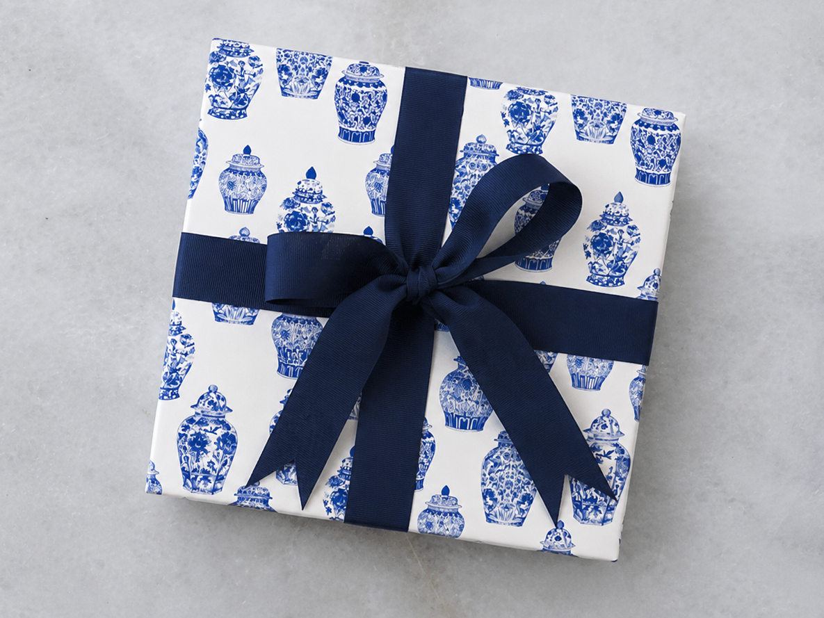Blue and white chinoiserie gift wrap