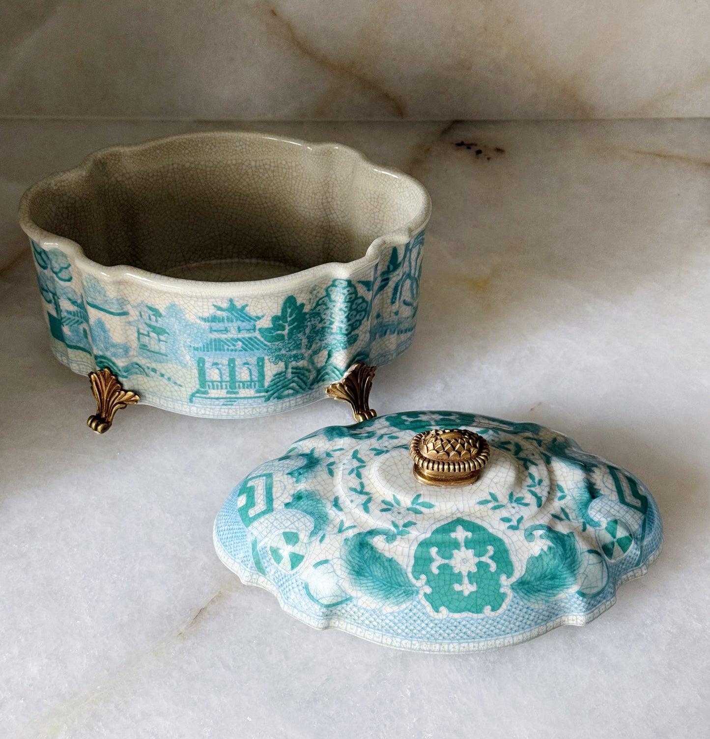 Turquoise & White Chinoiserie Lidded Box with Ormolu Detail
