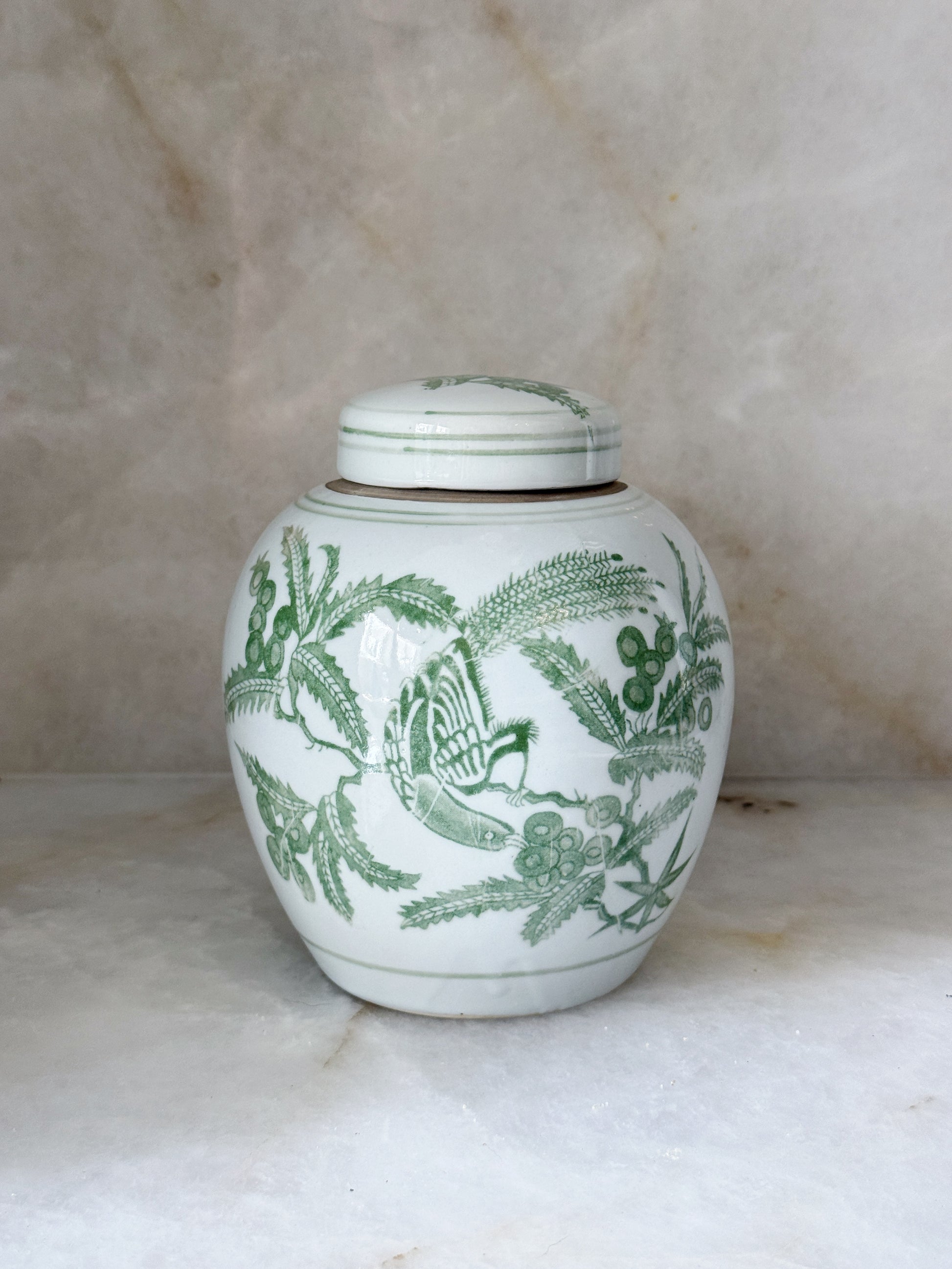 Green & White Porcelain Bird Ginger Jar