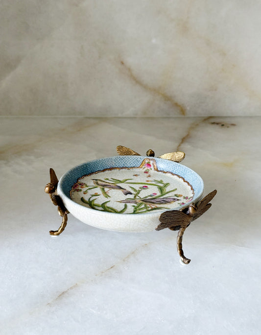 Song Bird Porcelain Dish with Dragonfly Bronze Ormolu Detailing 