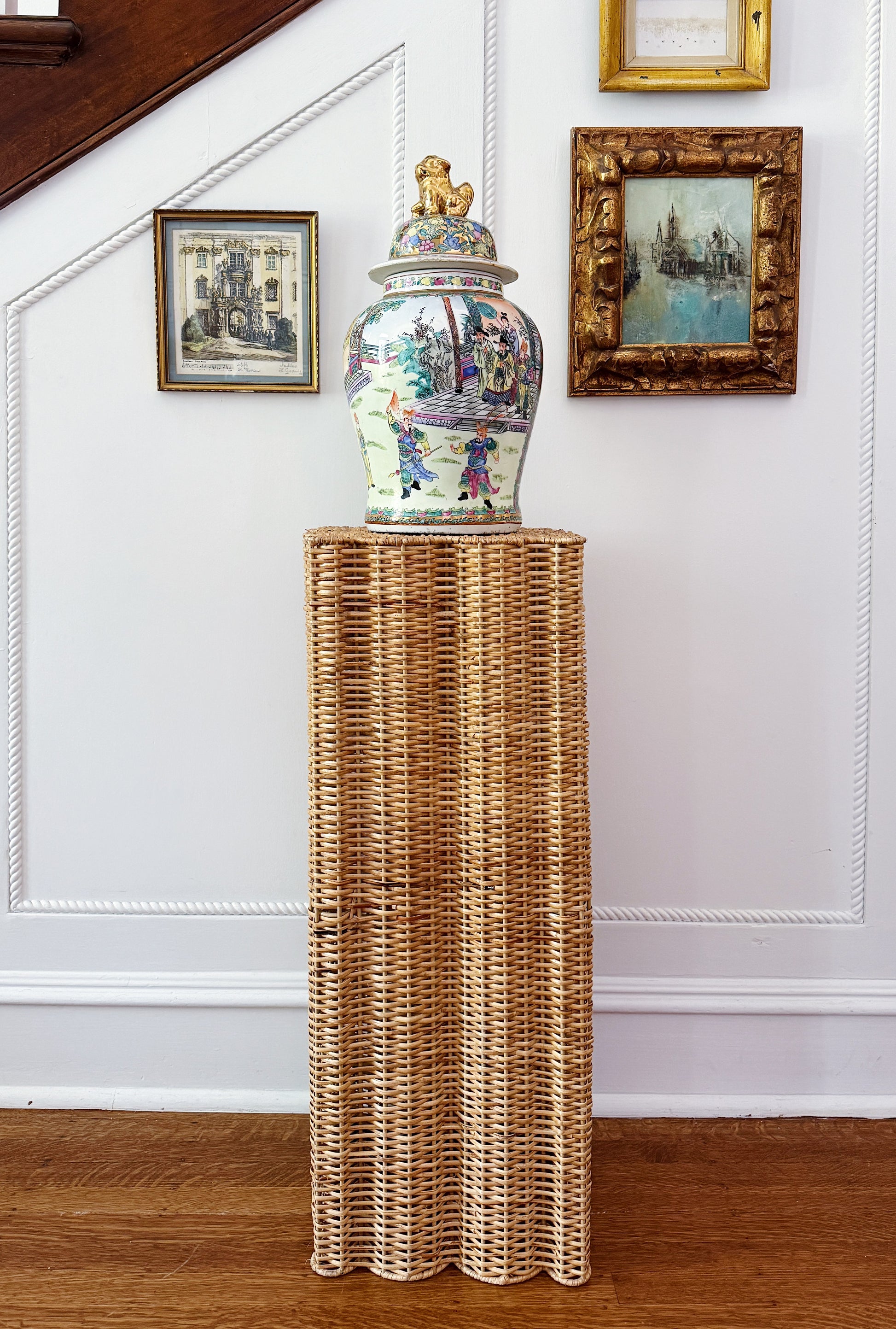 Handwoven Scalloped Wicker Pedestal – Honey Natural traditional
Home decor with vintage art and rose medallion temple jar