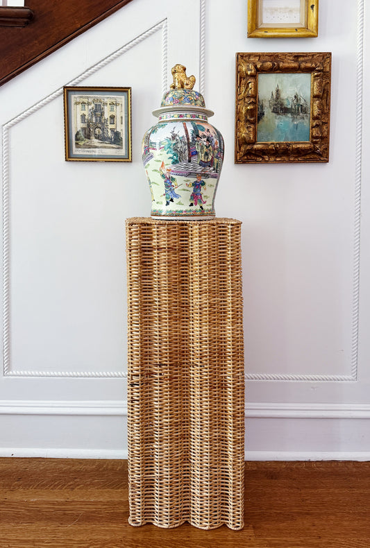 Handwoven Scalloped Wicker Pedestal – Honey Natural traditional
Home decor with vintage art and rose medallion temple jar