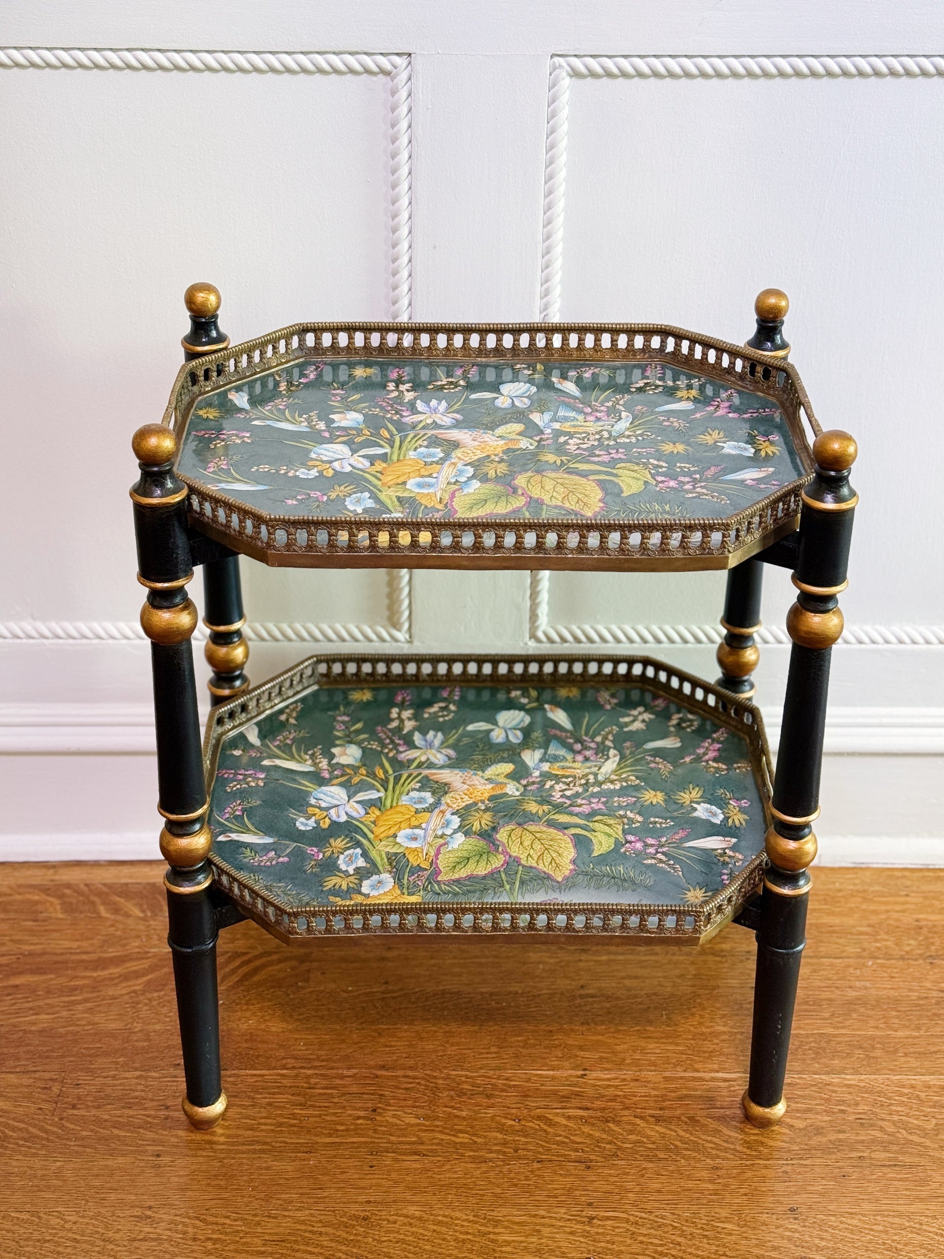 Two-Tier Porcelain Tray Table with Gilt Gallery and Removable Trays
