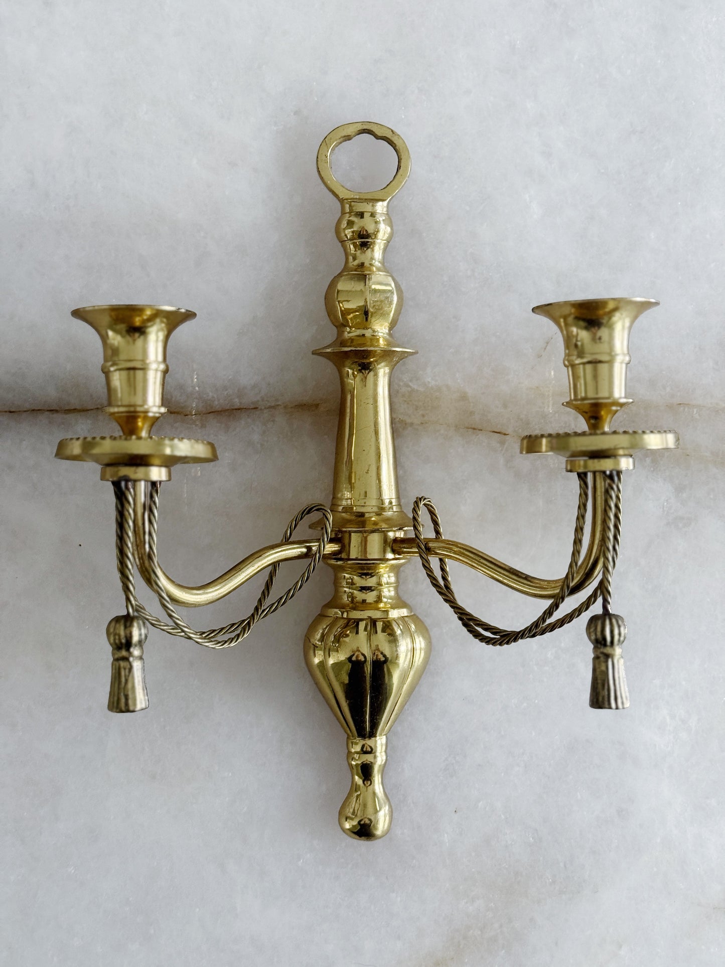 Vintage Brass Double Arm Candle Wall Sconce with Tassel Detail