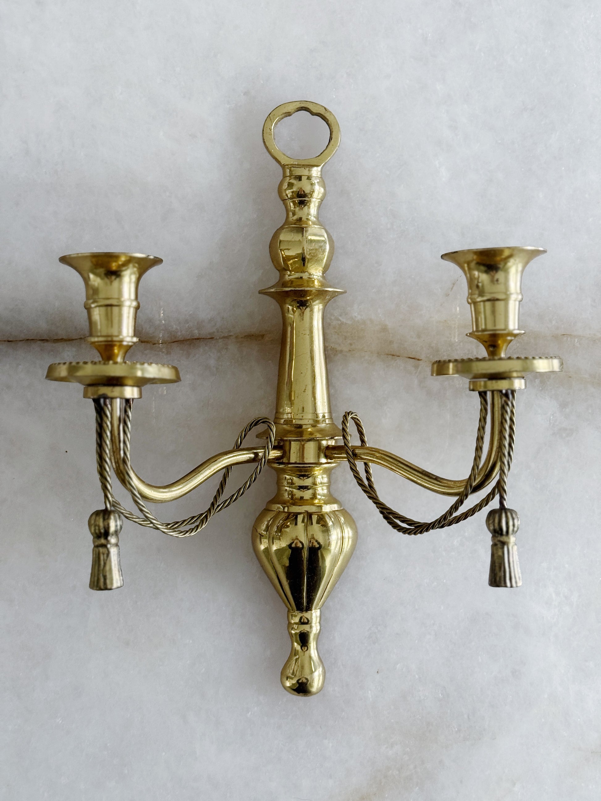 Vintage Brass Double Arm Candle Wall Sconce with Tassel Detail