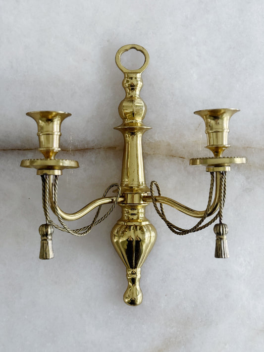 Vintage Brass Double Arm Candle Wall Sconce with Tassel Detail