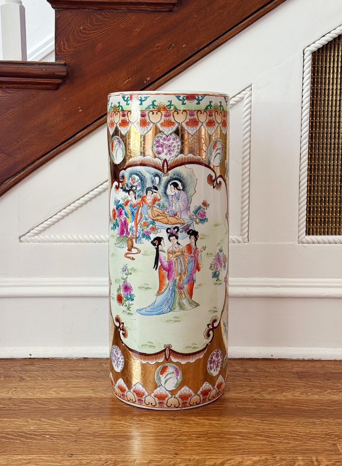 Vintage Hand-Painted Chinoiserie Porcelain Umbrella Stand