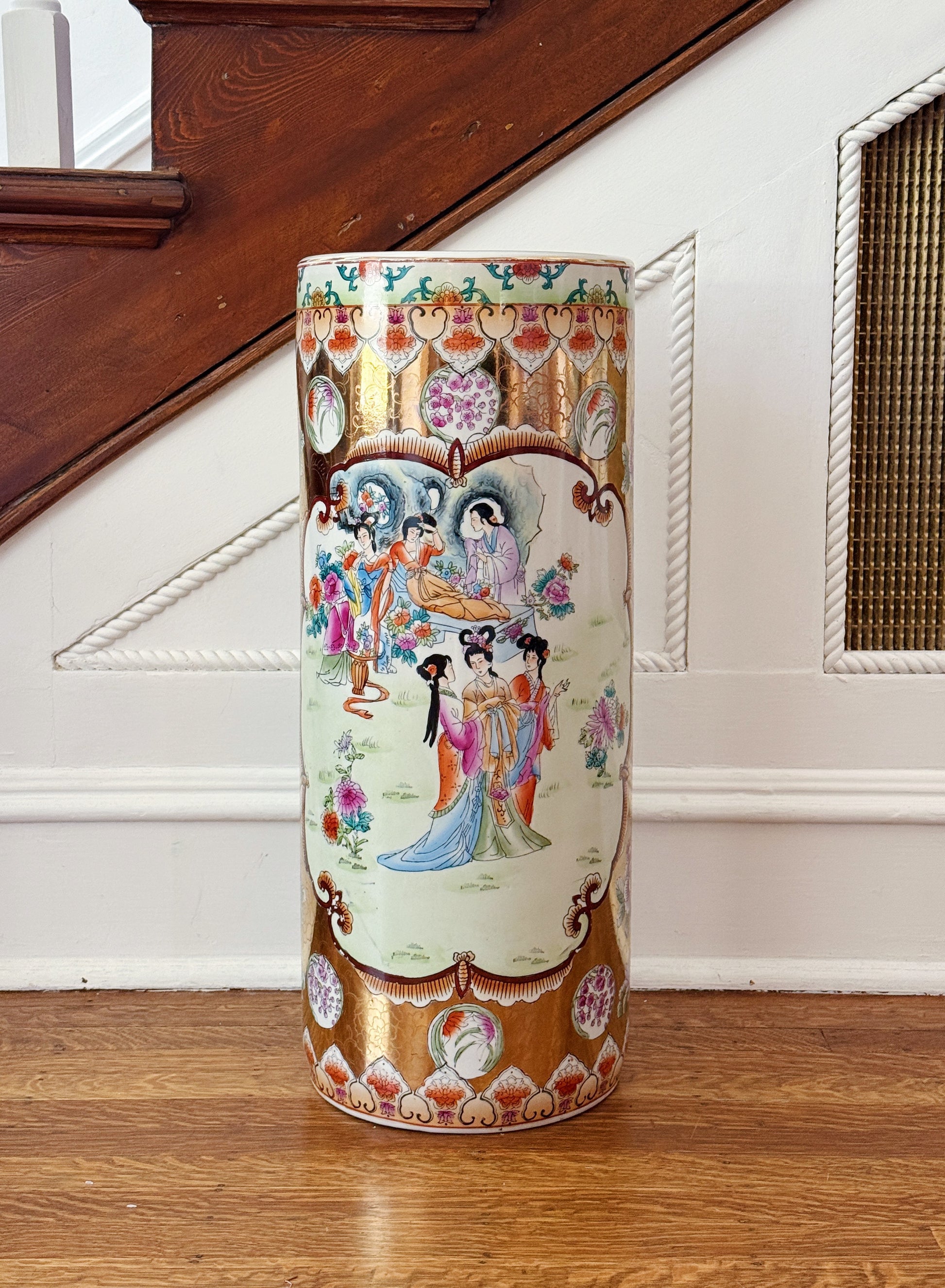 Vintage Hand-Painted Chinoiserie Porcelain Umbrella Stand