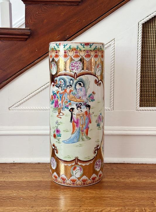 Vintage Hand-Painted Chinoiserie Porcelain Umbrella Stand