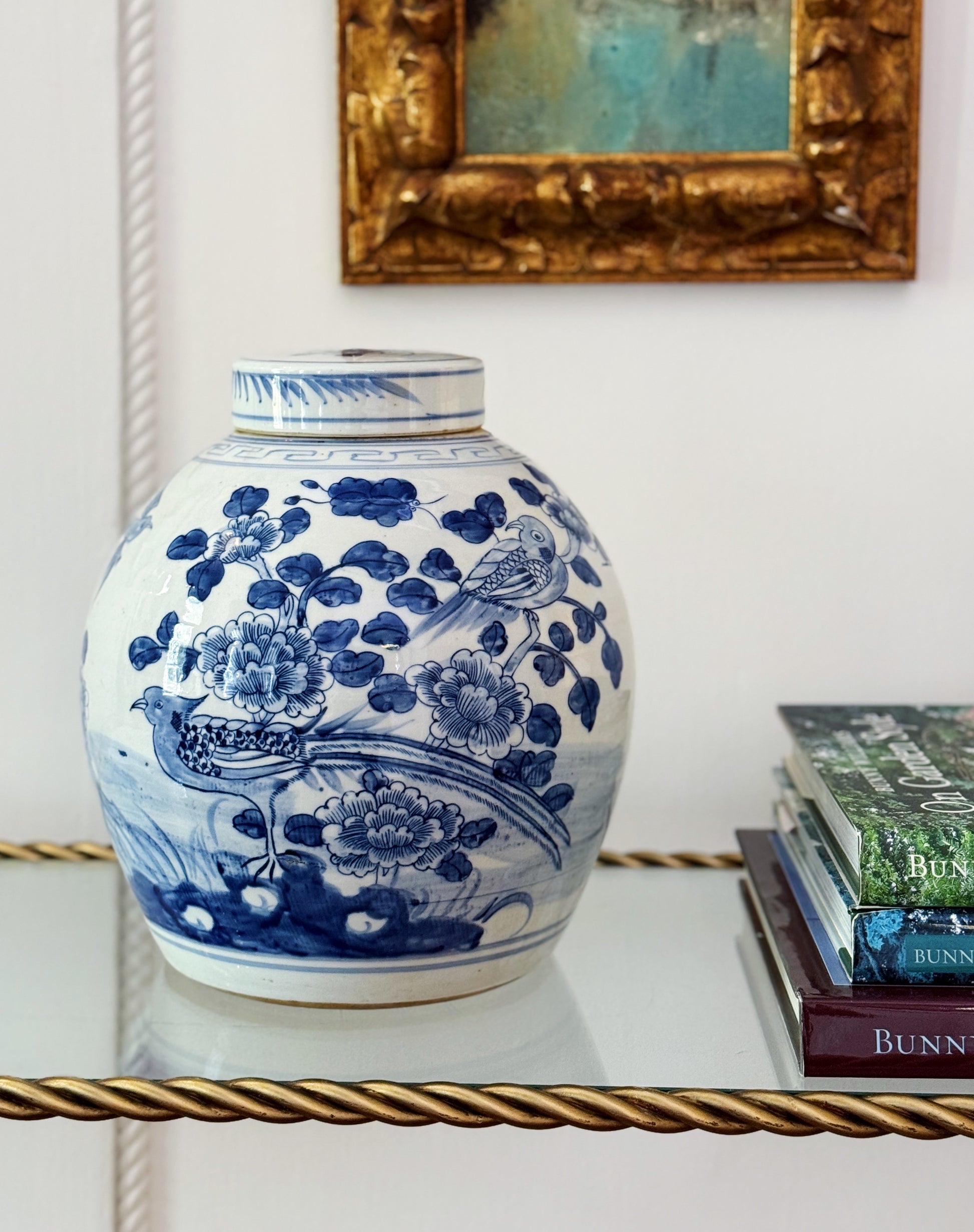 Blue & White Porcelain Bird & Floral Ginger Jar