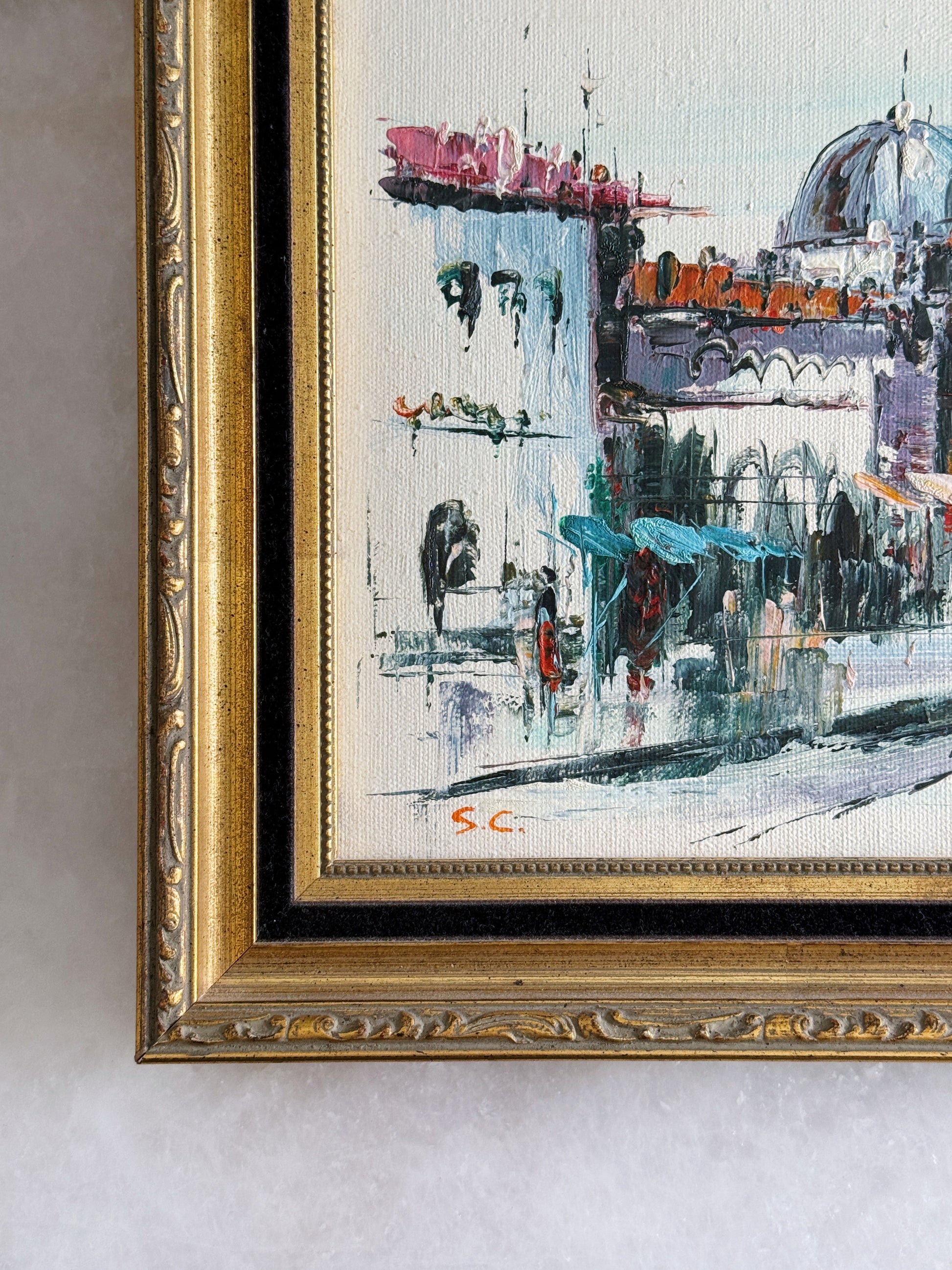 Vintage Framed European Street Scene Oil Painting 