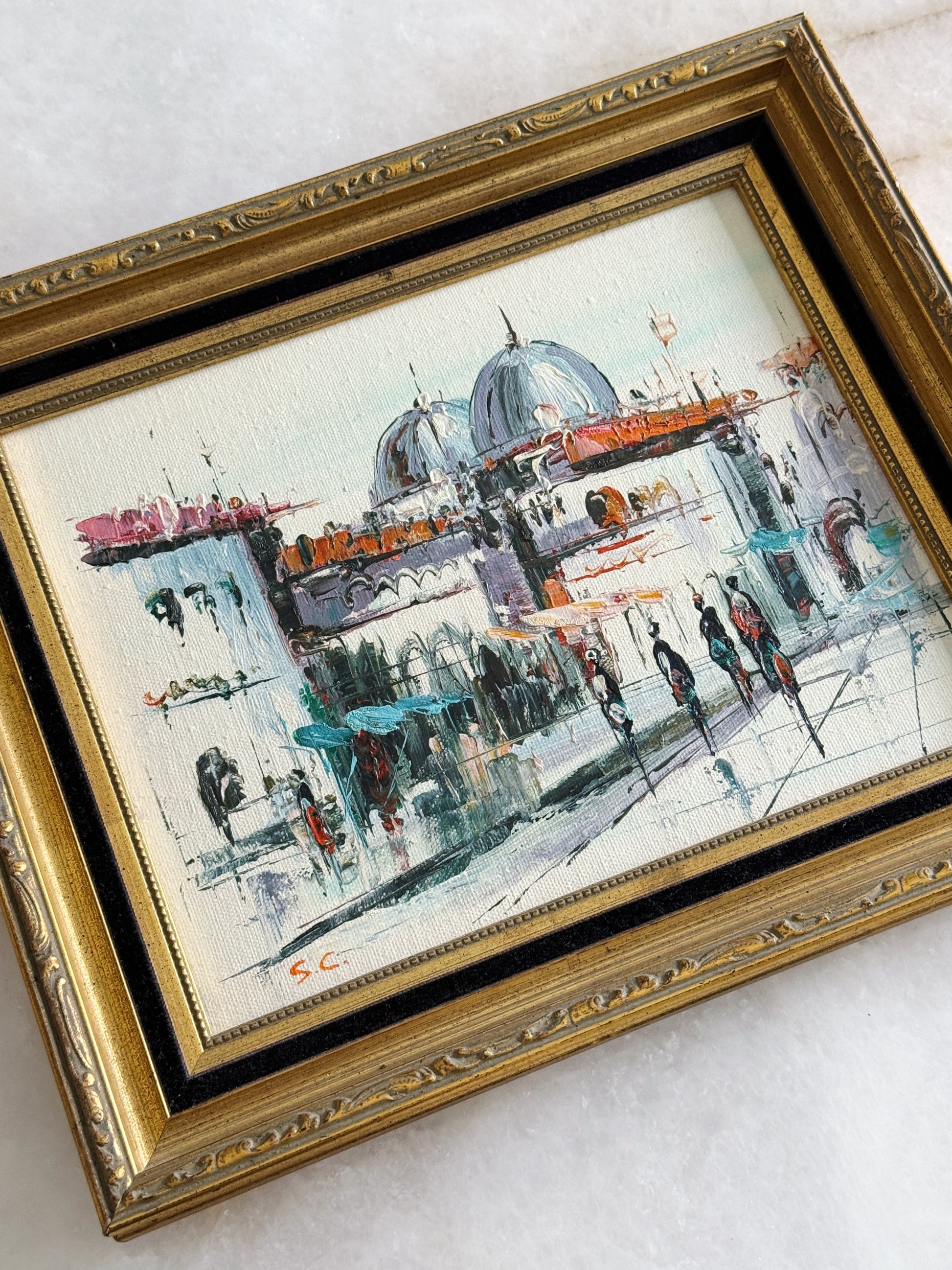 Vintage Framed European Street Scene Oil Painting 