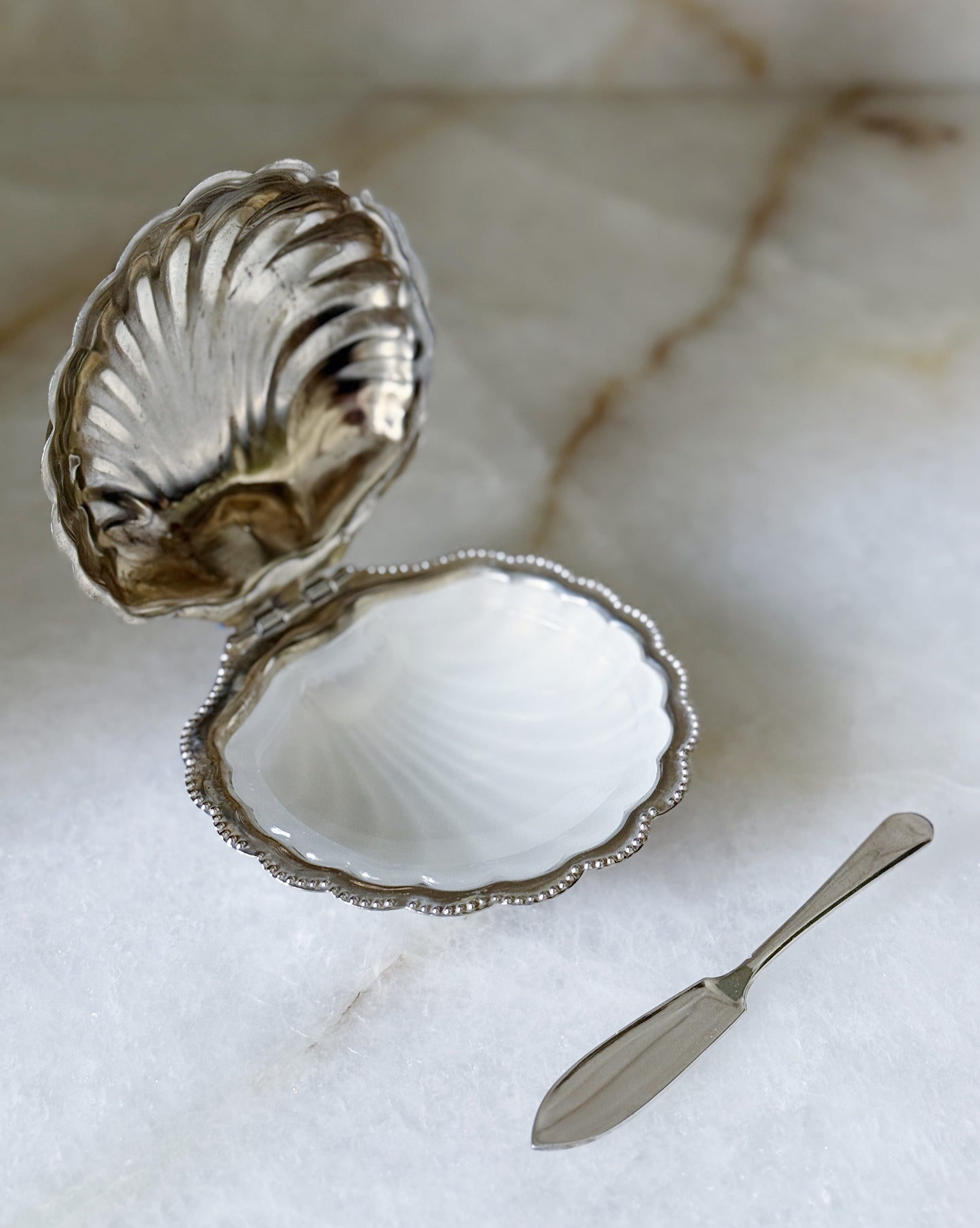 Vintage Silver Shell Caviar Dish with Milk Glass Liner
