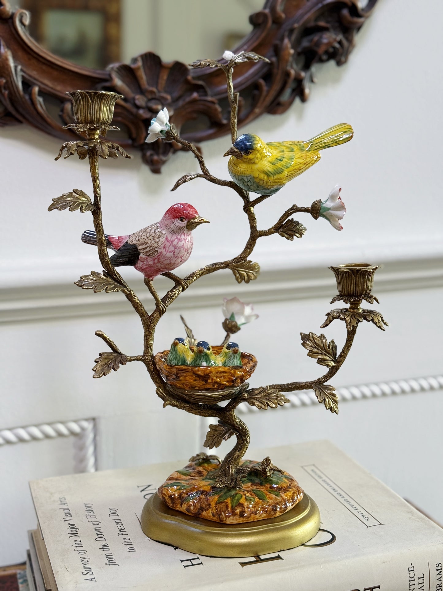 Hand Painted Bird Nest Candle Holder with Bronze Ormolu