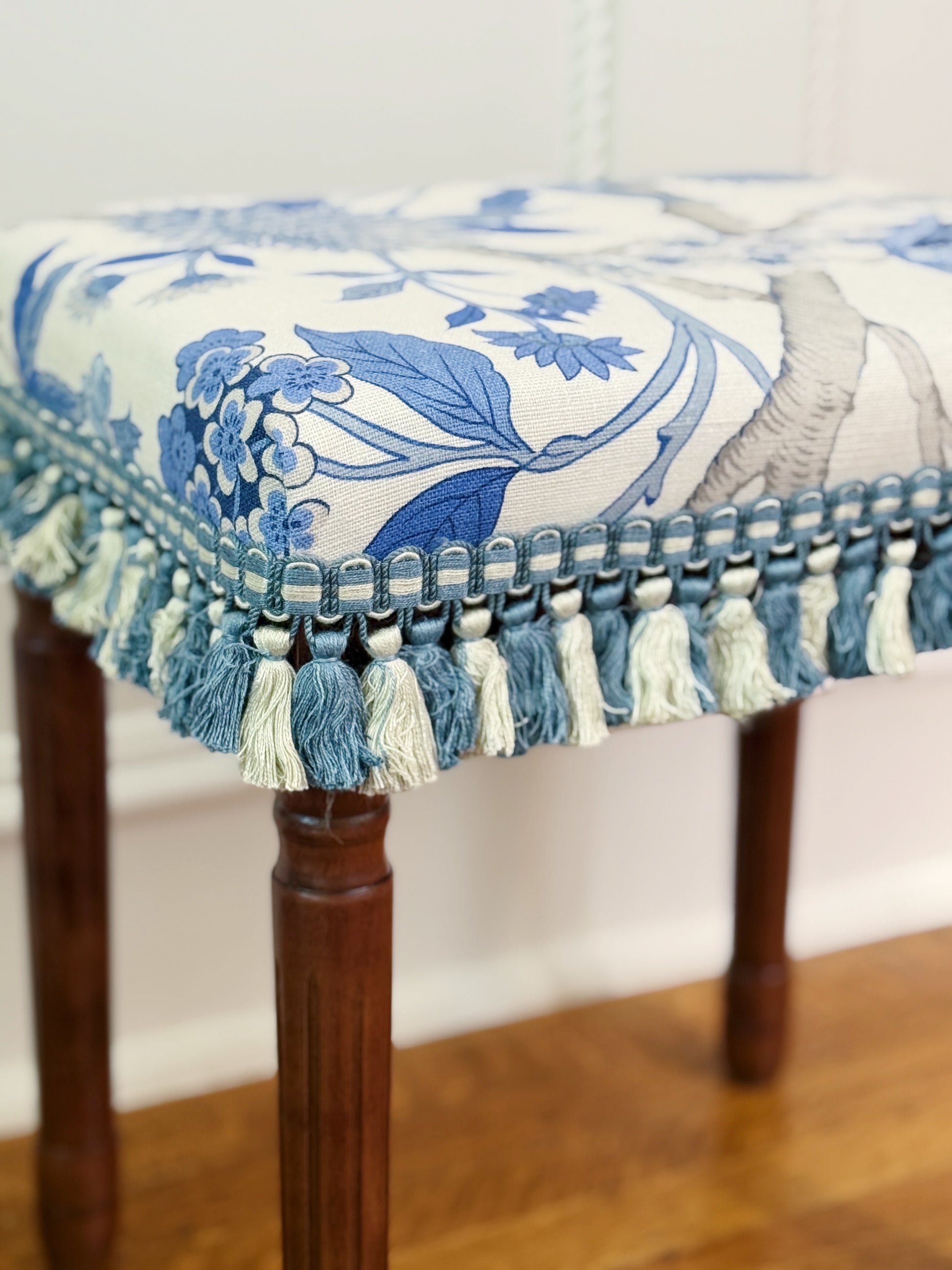 Upholstered Vanity Bench - GP & J Baker Hydrangea Bird in Blue