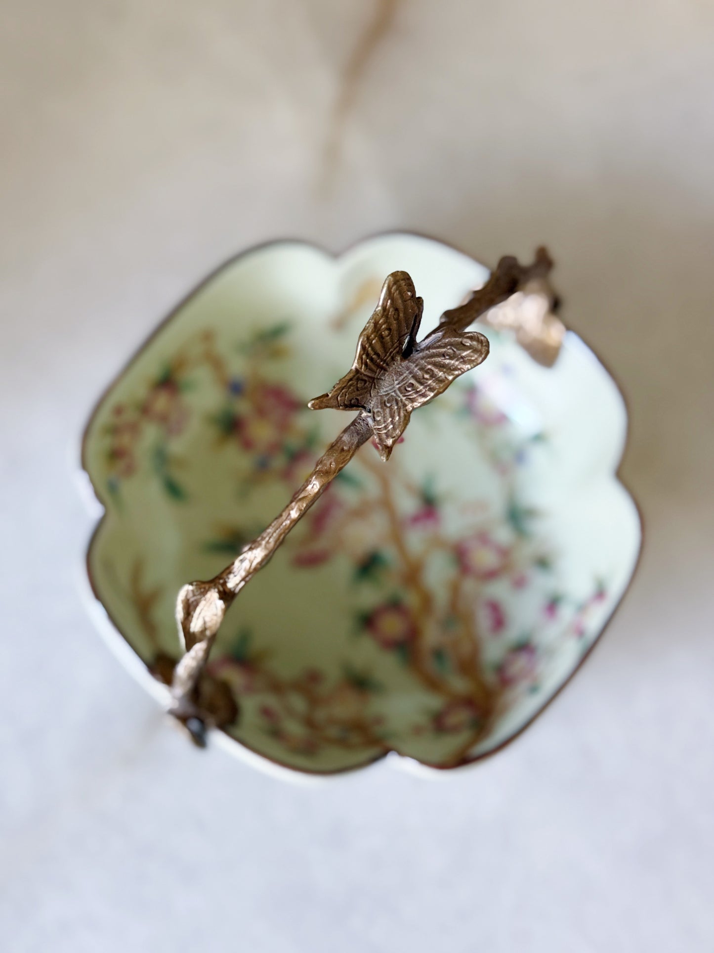 Chinoiserie Porcelain Floral Bowl with Bronze Ormolu Handle & Butterfly Detail