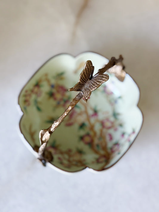 Chinoiserie Porcelain Floral Bowl with Bronze Ormolu Handle & Butterfly Detail