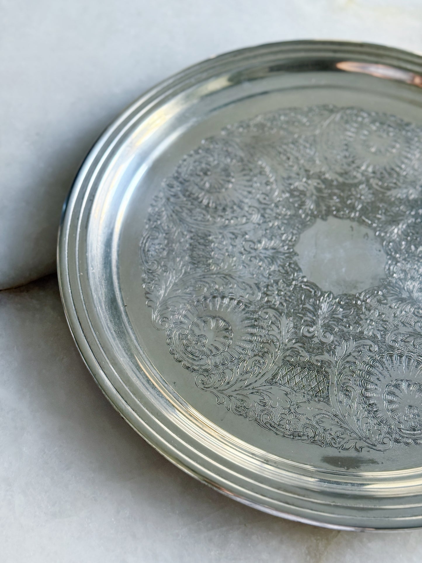 Vintage Large Round Silver Serving Tray with Embossed Center- 15”