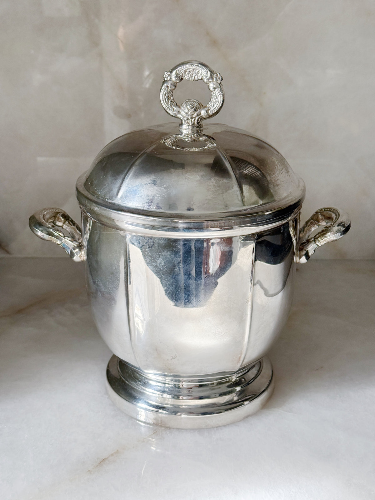 Vintage Silver Lidded Ice Bucket with White Liner | Classic Barware