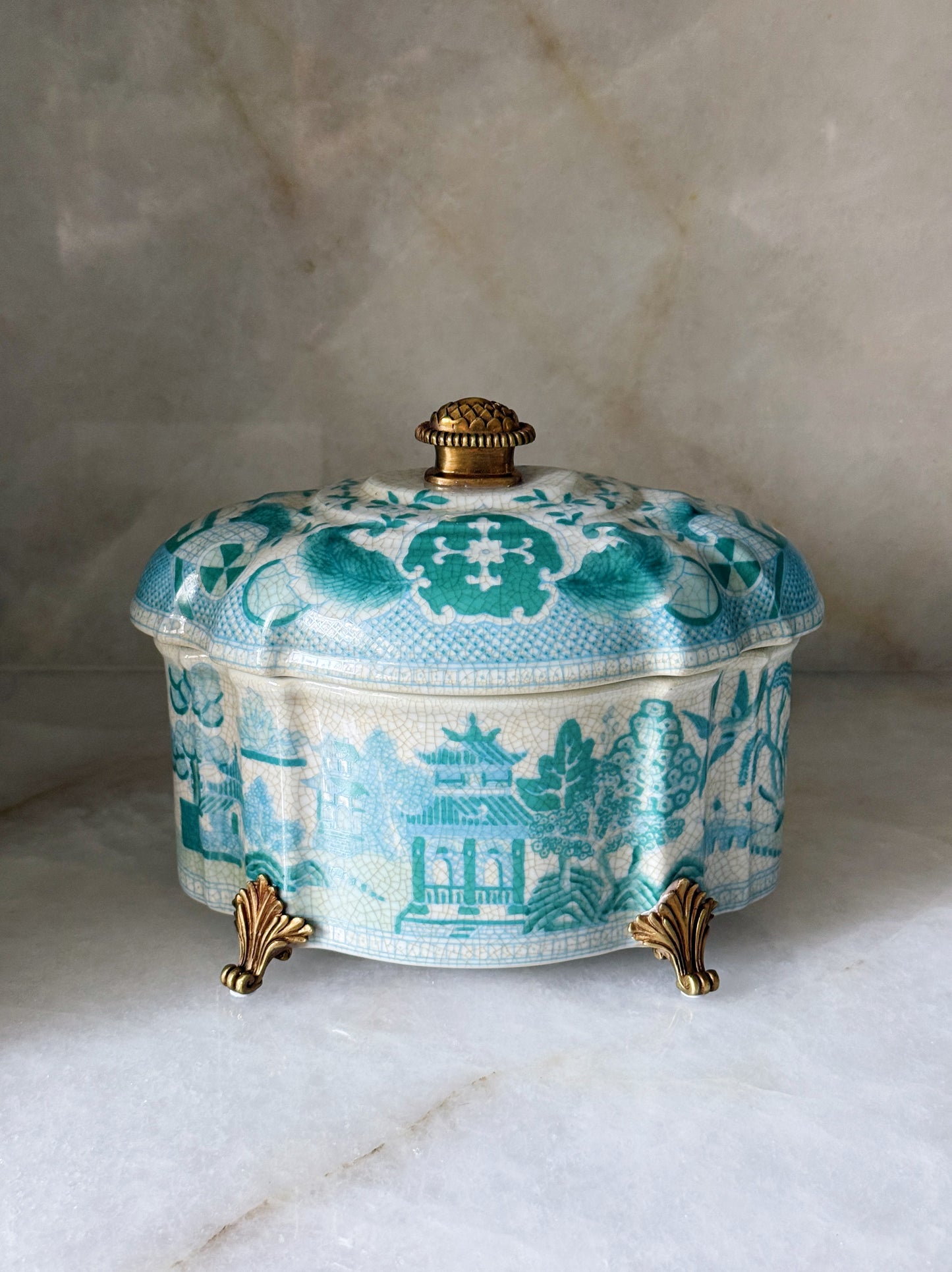 Turquoise & White Chinoiserie Lidded Box with Ormolu Detail