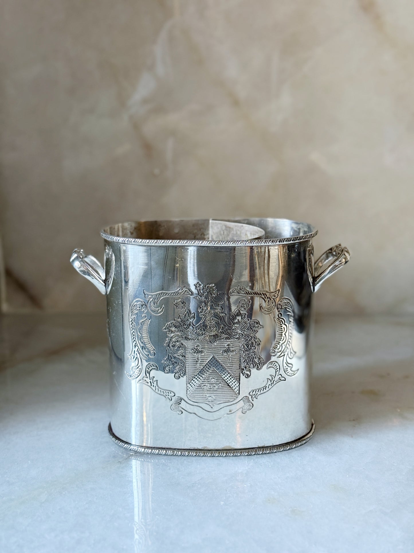 Vintage Silver Wine Cooler with Engraved Crest