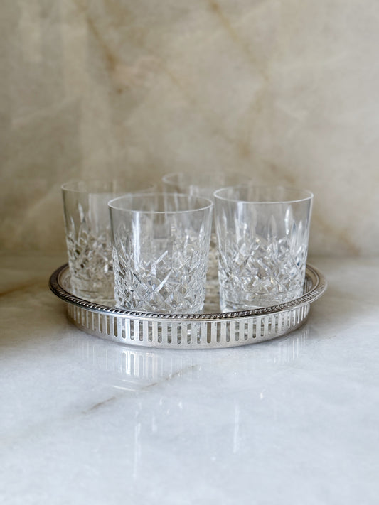 Vintage Silver Serving Tray with Reticulated Edges - 10" round shown with vintage Waterford tumblers 
