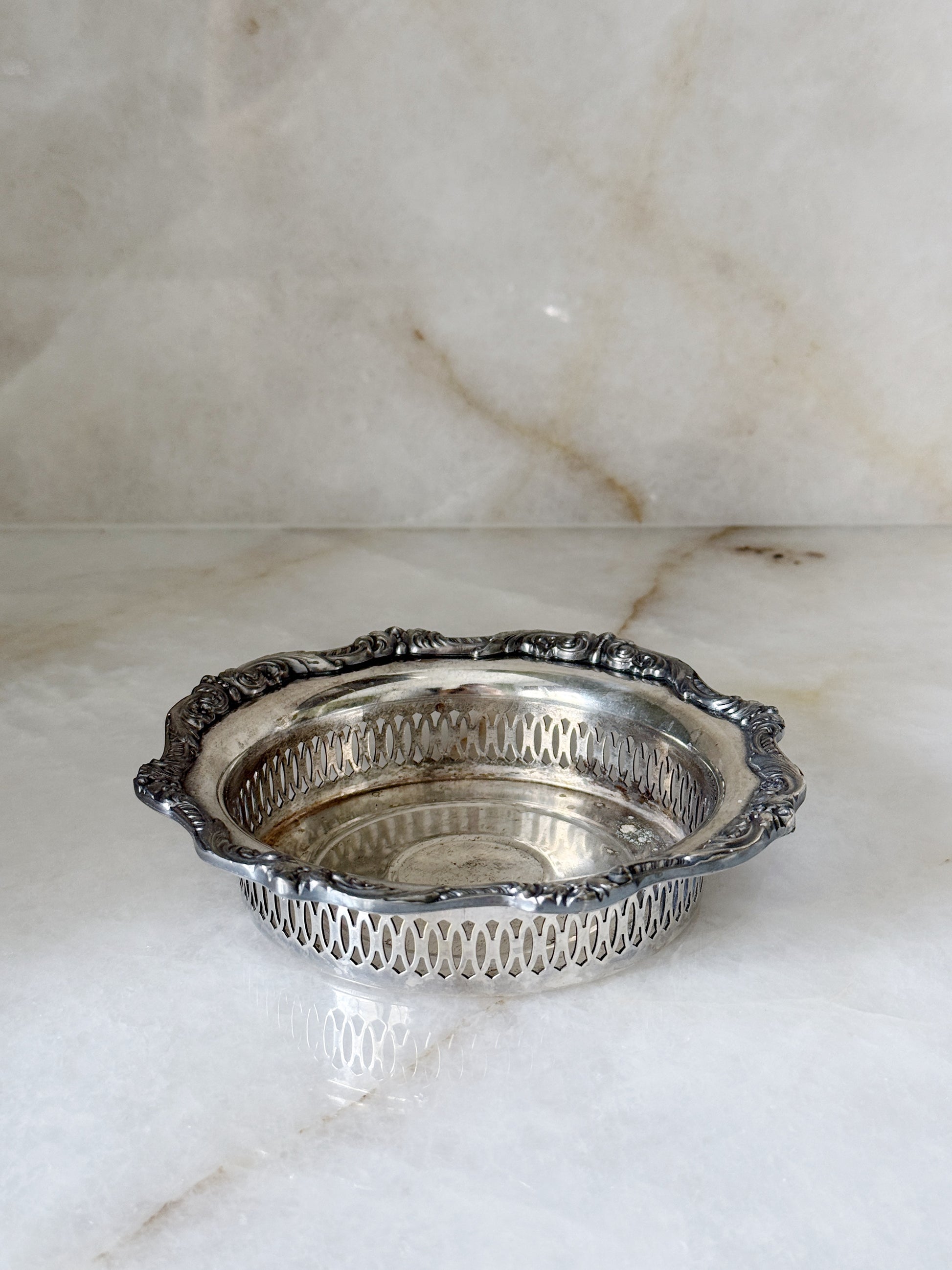 Vintage Silver-Plated Wine Coaster with Pierced Gallery Rim