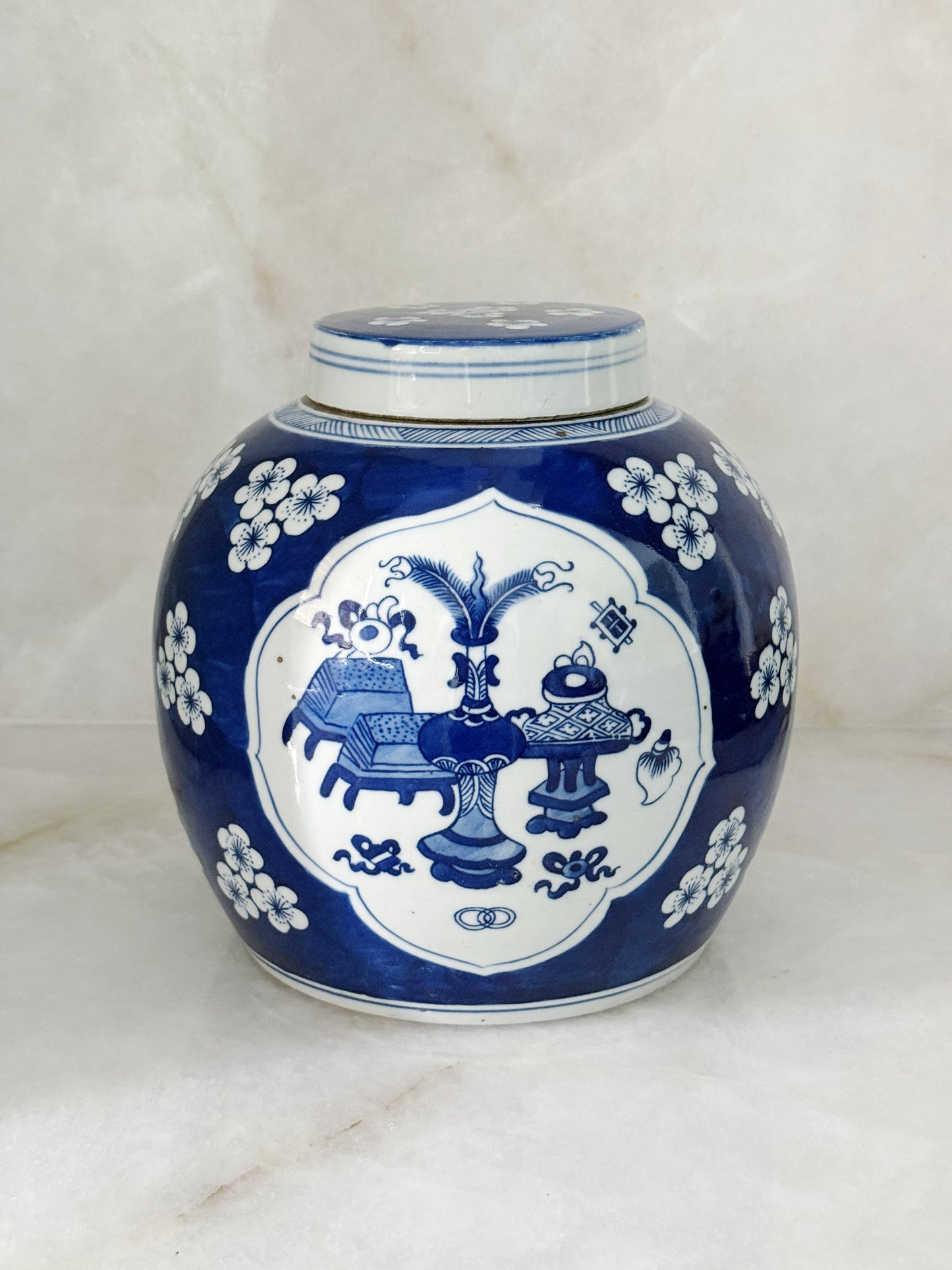 Blue & White Porcelain Ginger Jar with Plum Blossom Motif