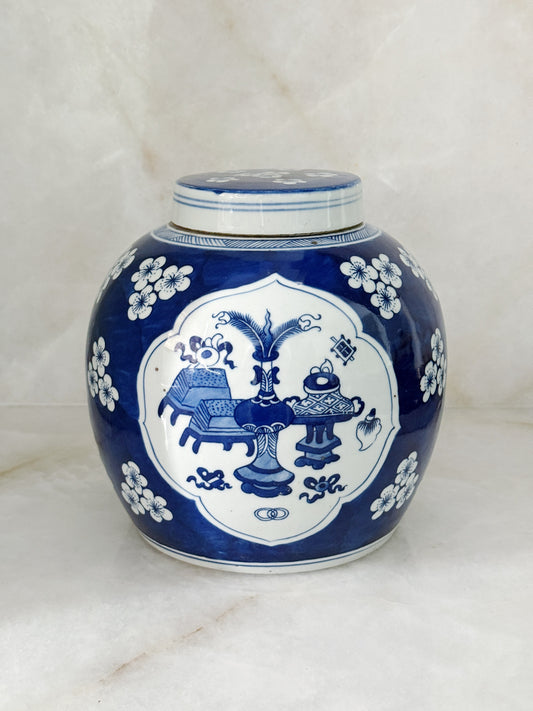 Blue & White Porcelain Ginger Jar with Plum Blossom Motif
